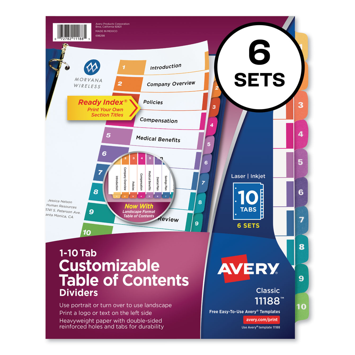 Customizable TOC Ready Index Multicolor Tab Dividers 10-Tab, 1 to 10, 11 x 8.5, White, Traditional Color Tabs, 6 Sets