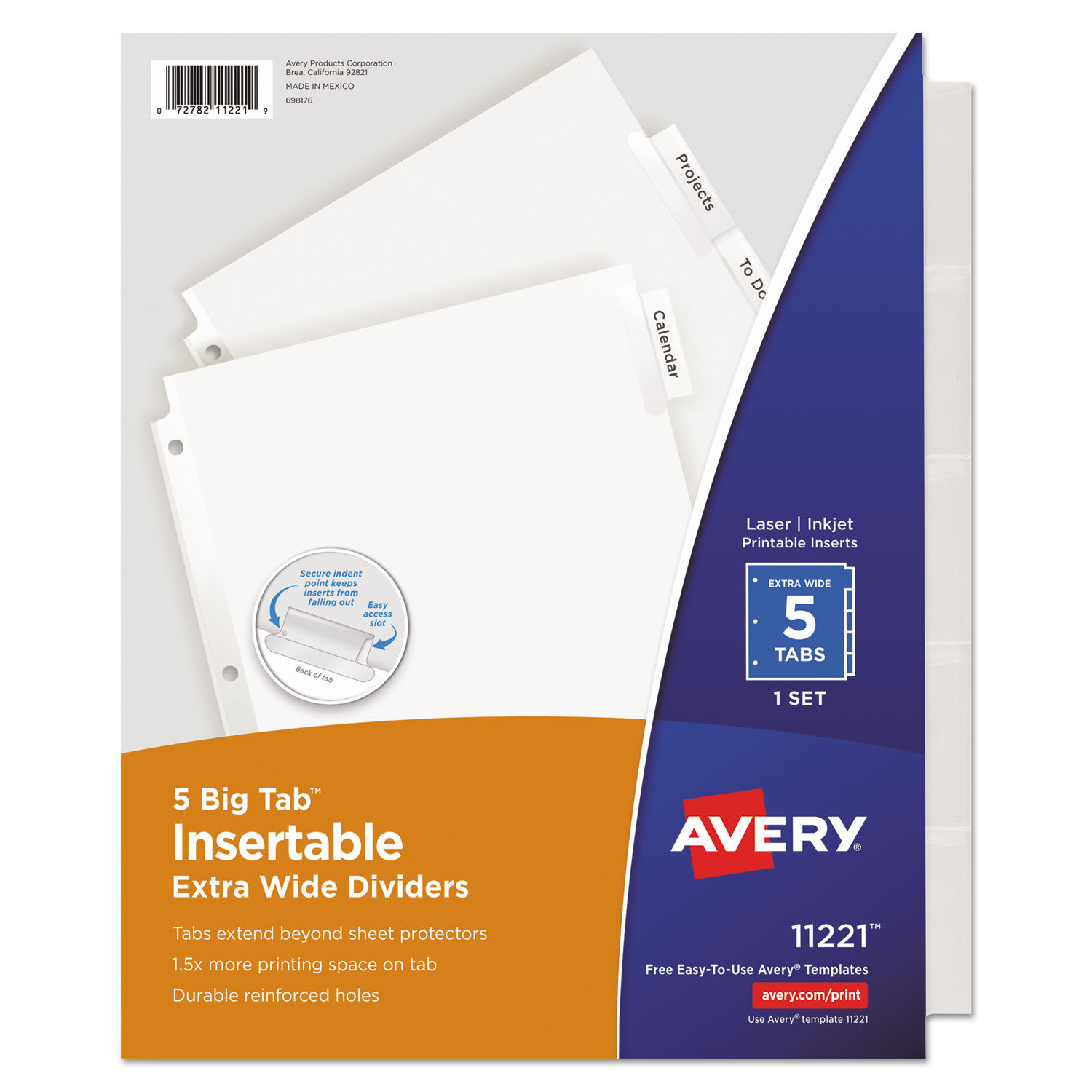 Insertable Big Tab Dividers 5-Tab, Single-Sided Copper Edge Reinforcing, 11.13 x 9.25, White, Clear Tabs, 1 Set