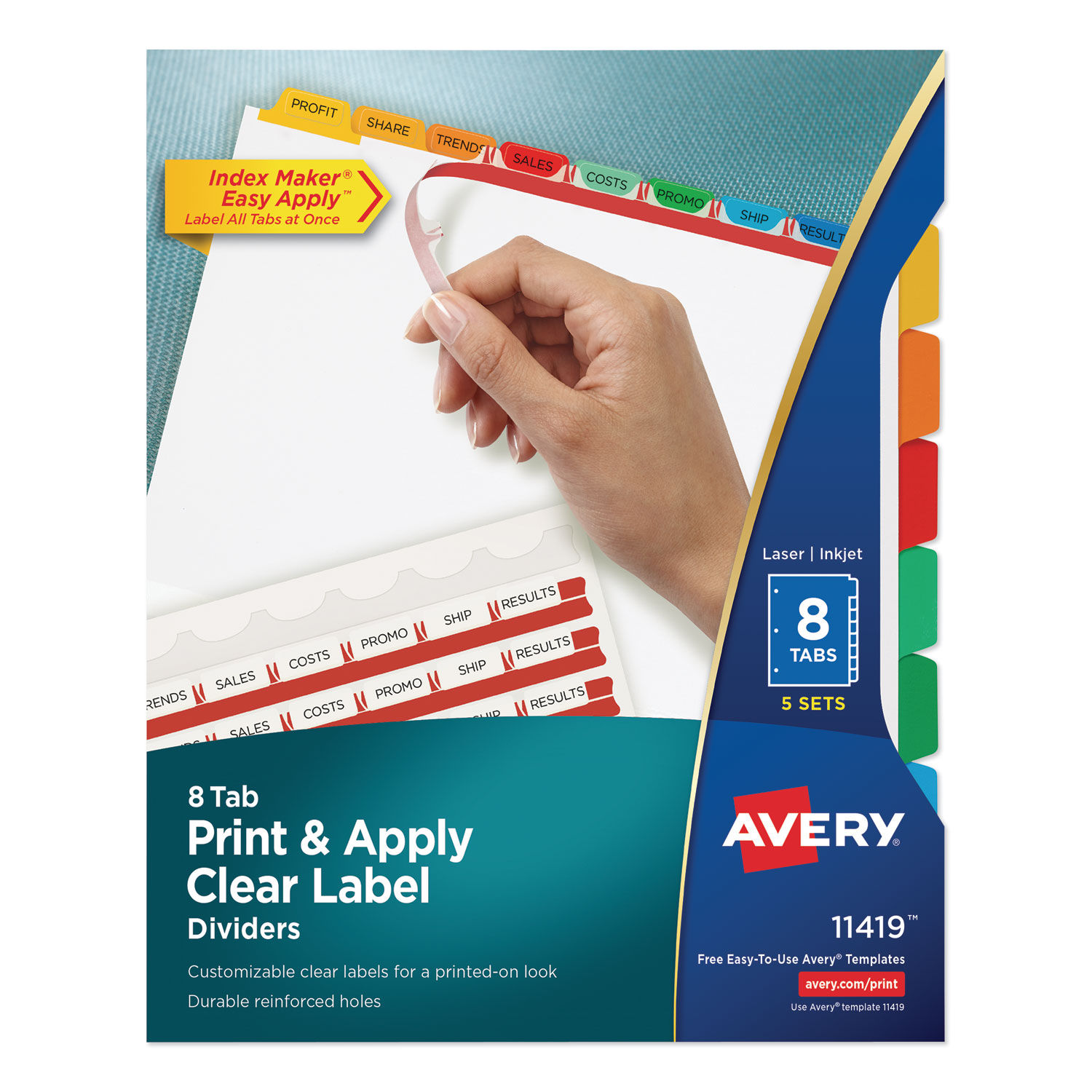 Print and Apply Index Maker Clear Label Dividers 8-Tab, Color Tabs, 11 x 8.5, White, Traditional Color Tabs, 5 Sets