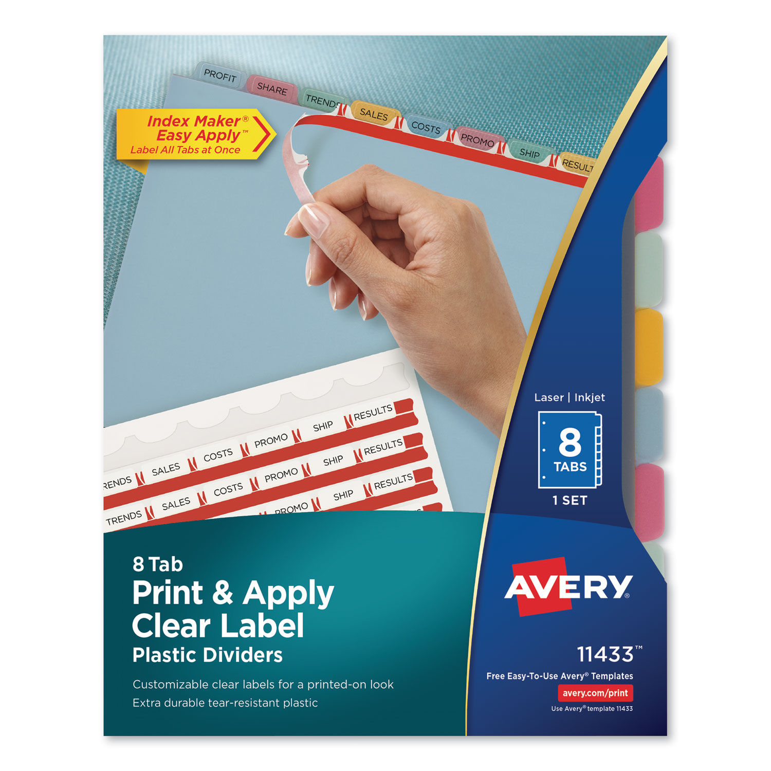 Print and Apply Index Maker Clear Label Plastic Dividers with Printable Label Strip 8-Tab, 11 x 8.5, Assorted Tabs, 1 Set