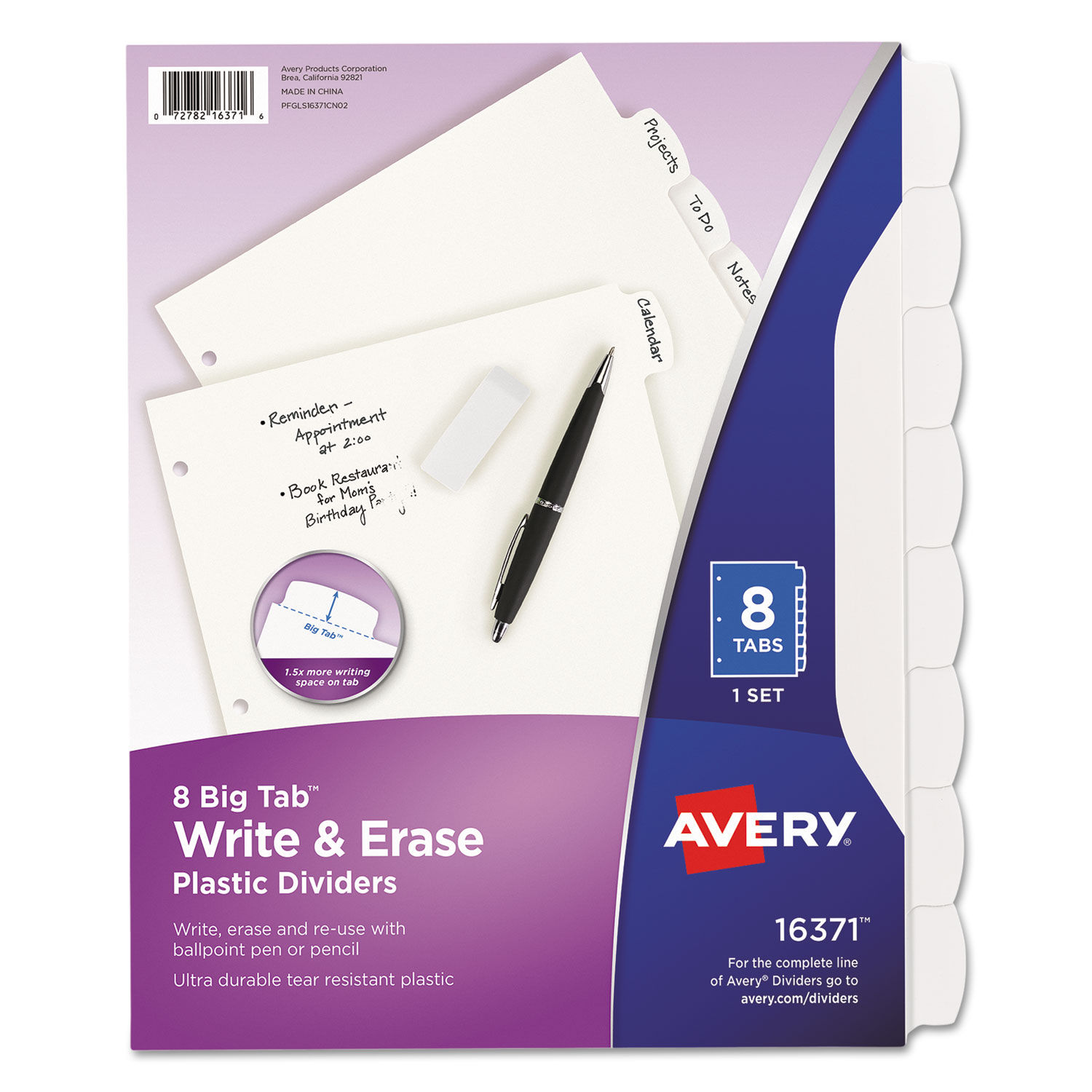 Write and Erase Big Tab Durable Plastic Dividers 3-Hole Punched, 8-Tab, 11 x 8.5, White, 1 Set