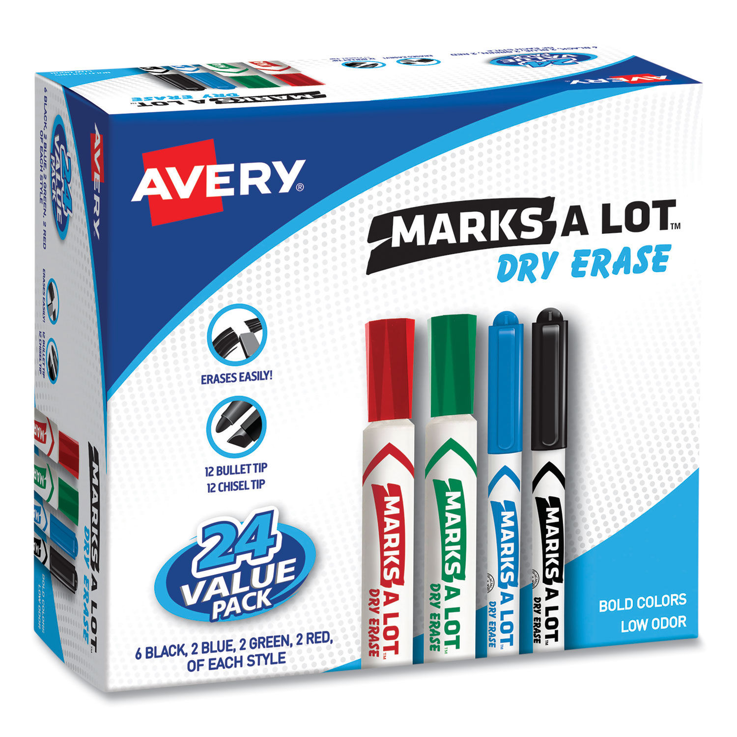 MARKS A LOT Desk/Pen-Style Dry Erase Marker Value Pack Assorted Broad Bullet/Chisel Tips, Assorted Colors, 24/Pack (29870)