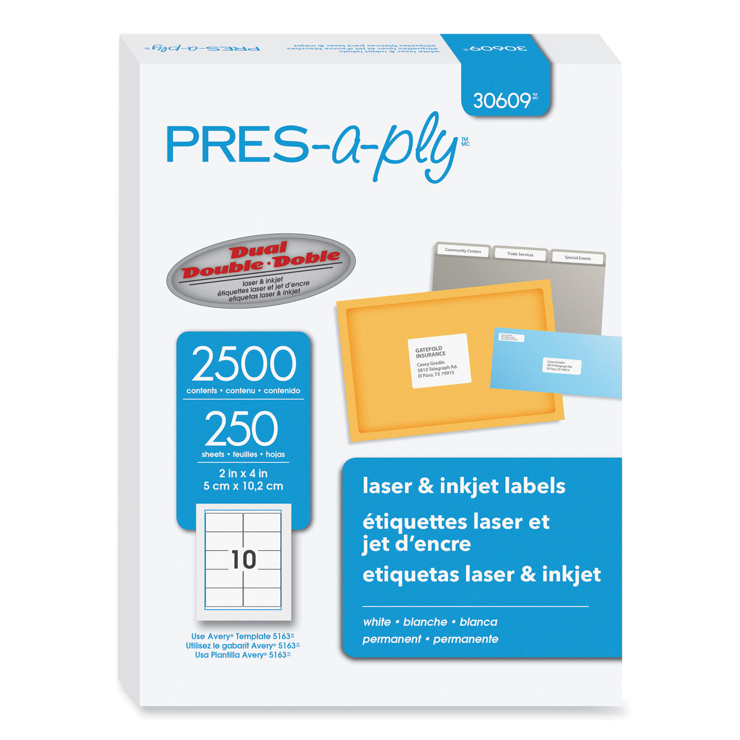 Labels Laser Printers, 2 x 4, White, 10/Sheet, 250 Sheets/Box