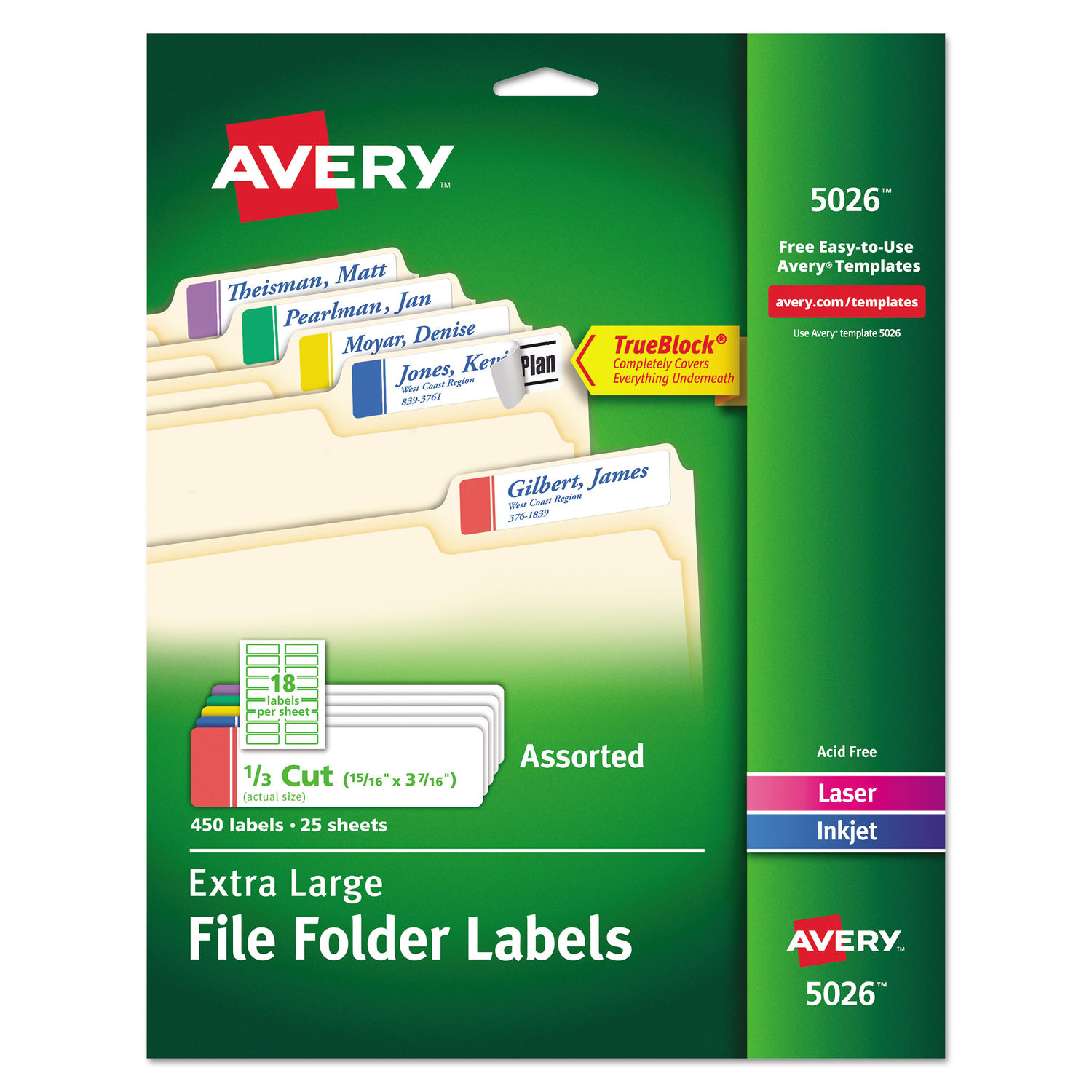 Extra-Large TrueBlock File Folder Labels with Sure Feed Technology 0.94 x 3.44, White, 18/Sheet, 25 Sheets/Pack