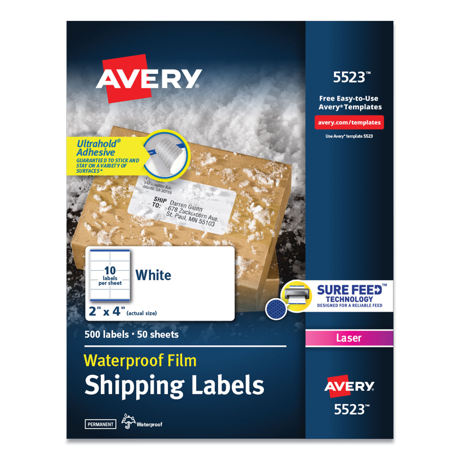 Waterproof Shipping Labels with TrueBlock and Sure Feed Laser Printers, 2 x 4, White, 10/Sheet, 50 Sheets/Pack