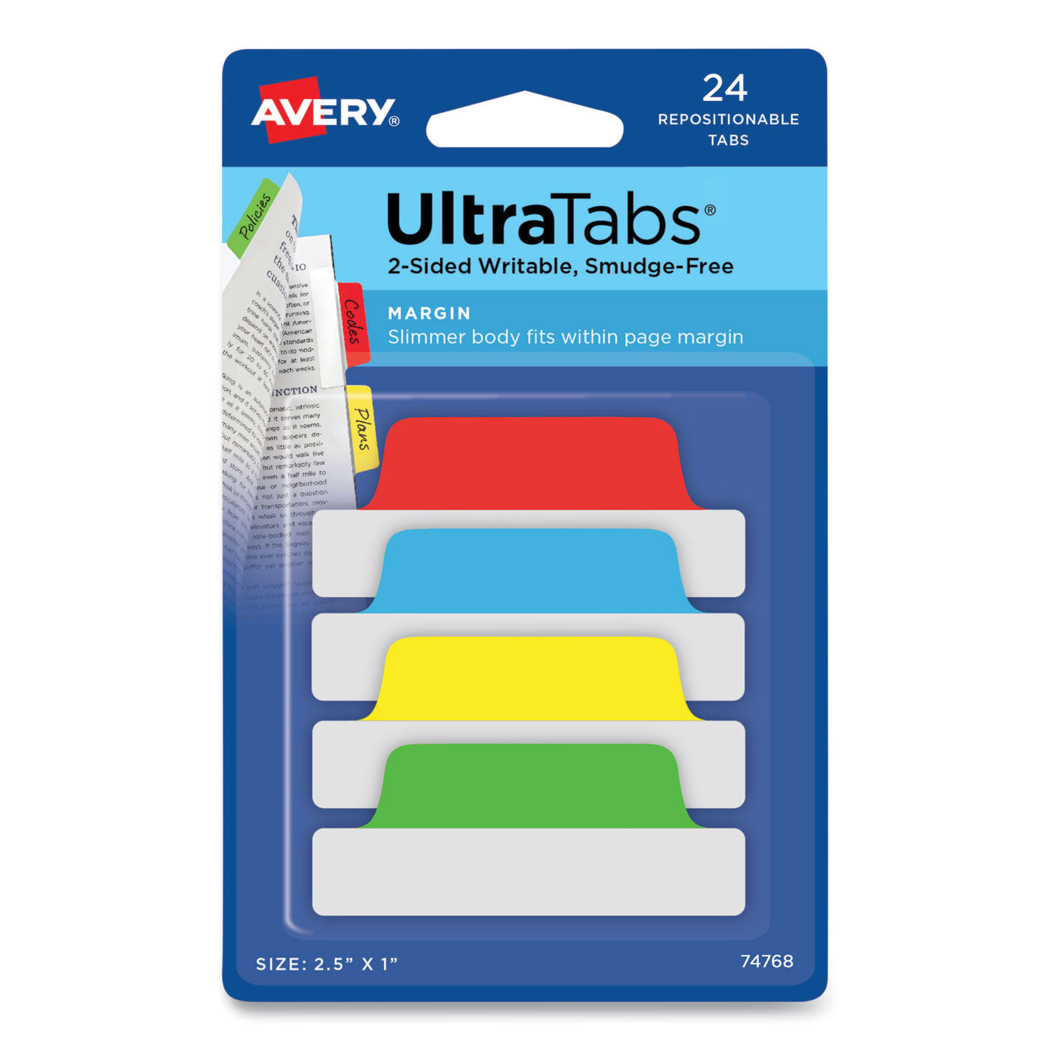 Ultra Tabs Repositionable Tabs Margin Tabs: 2.5" x 1", 1/5-Cut, Assorted Colors, 24/Pack