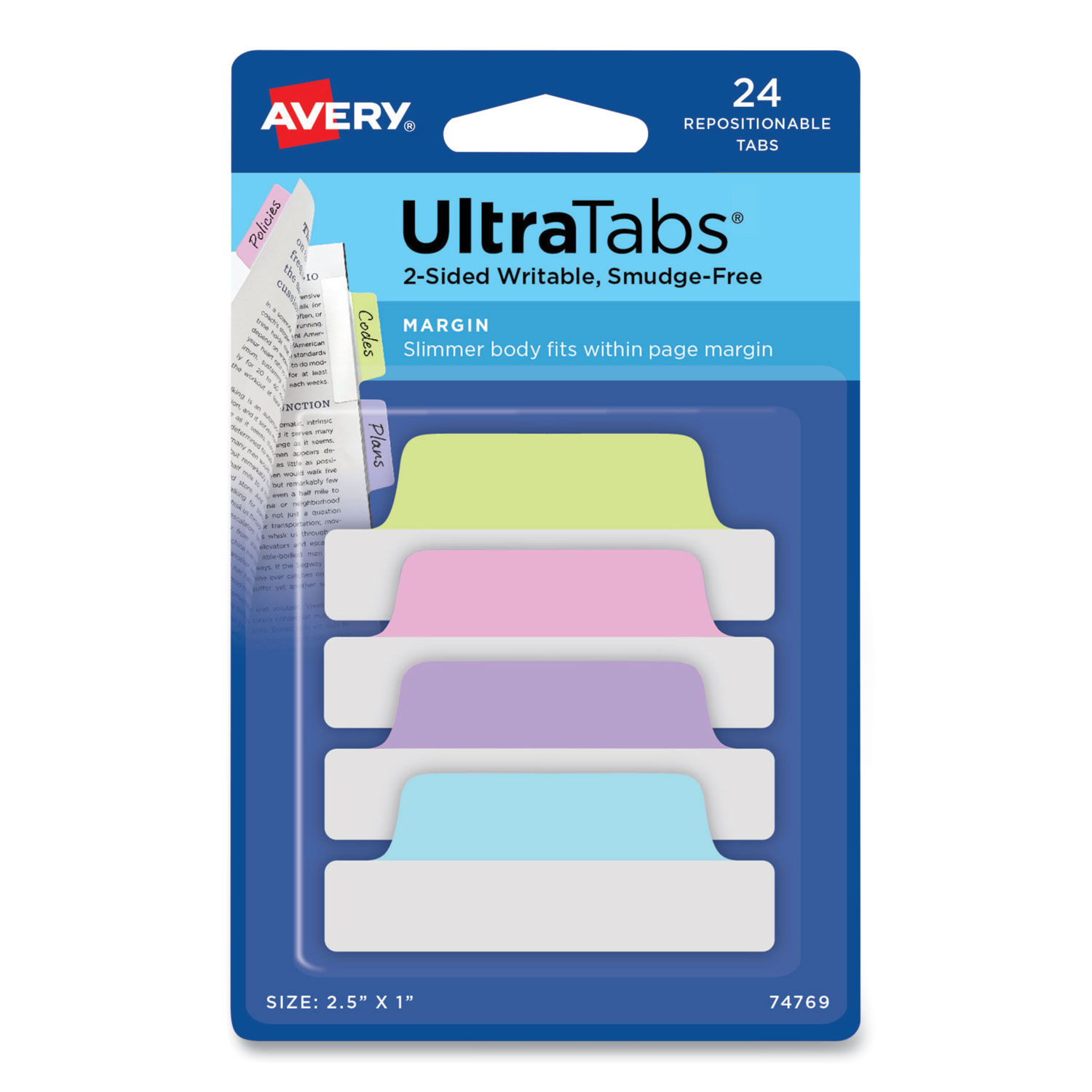 Ultra Tabs Repositionable Tabs Margin Tabs: 2.5" x 1", 1/5-Cut, Assorted Pastel Colors, 24/Pack