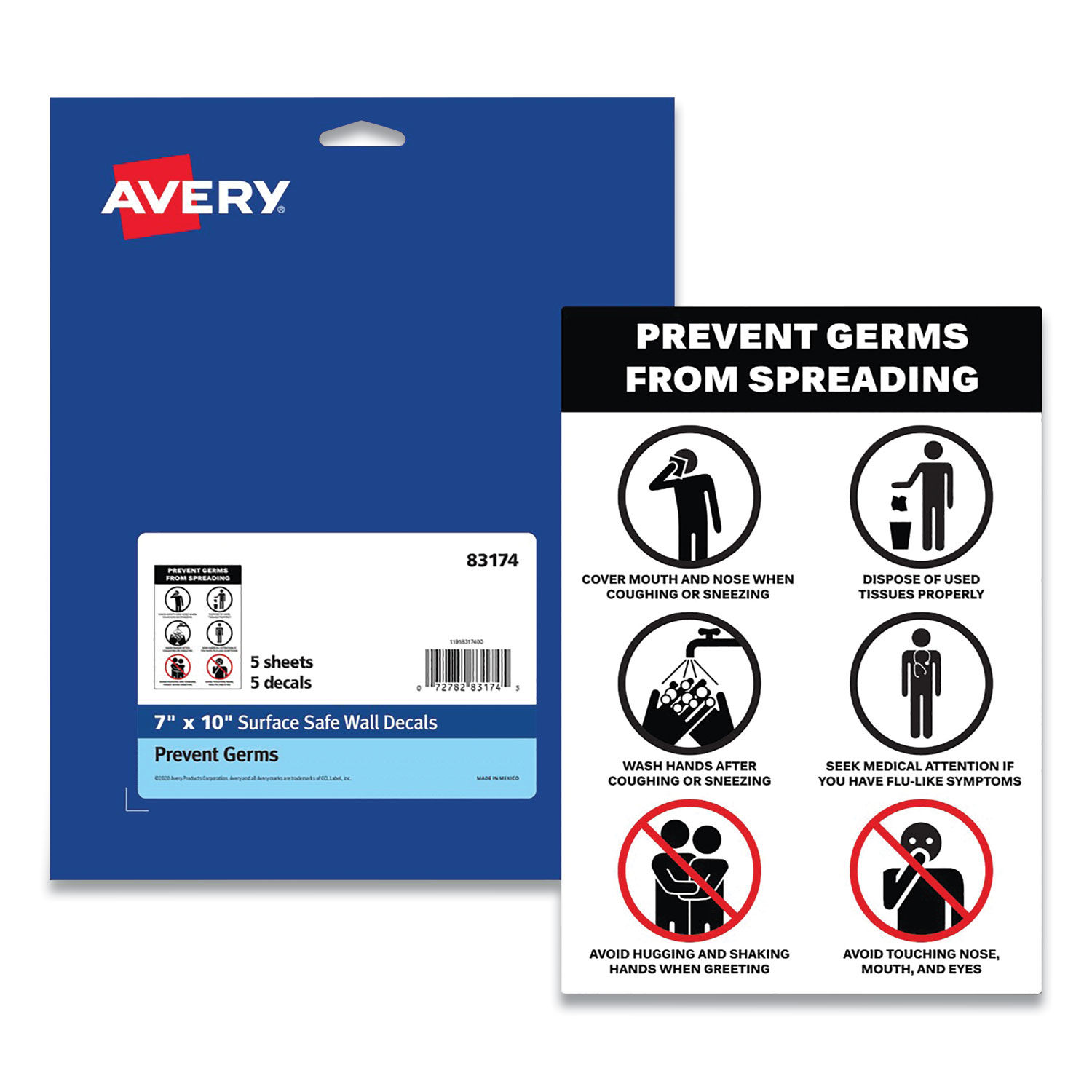 Preprinted Surface Safe Wall Decals 7 x 10, Prevent Germs from Spreading, White/Black Face, Black Graphics, 5/Pack
