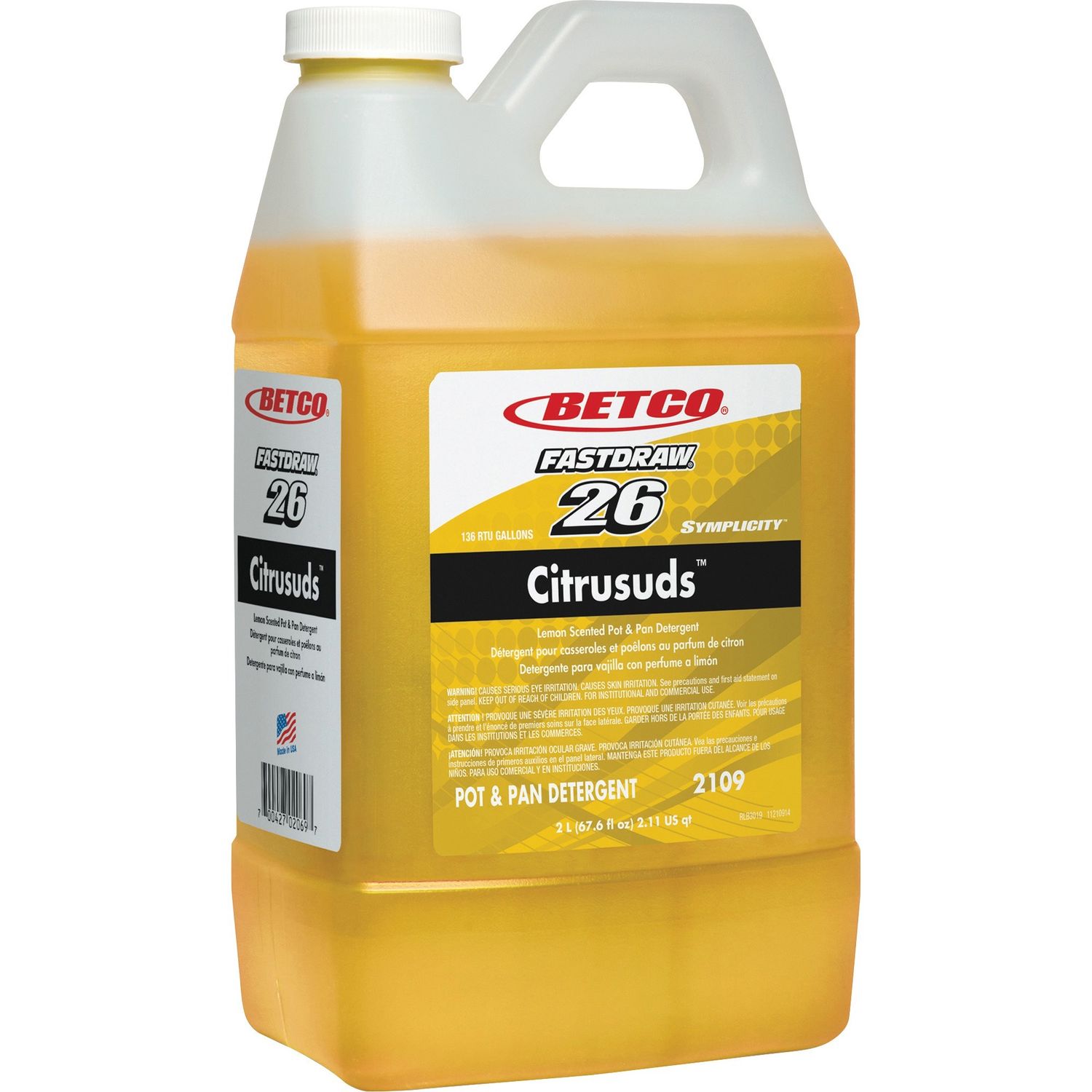 Citrusuds Pot/Pan Detergent Concentrate Liquid, 67.6 fl oz (2.1 quart), Lemon Scent, 4 / Carton, Yellow