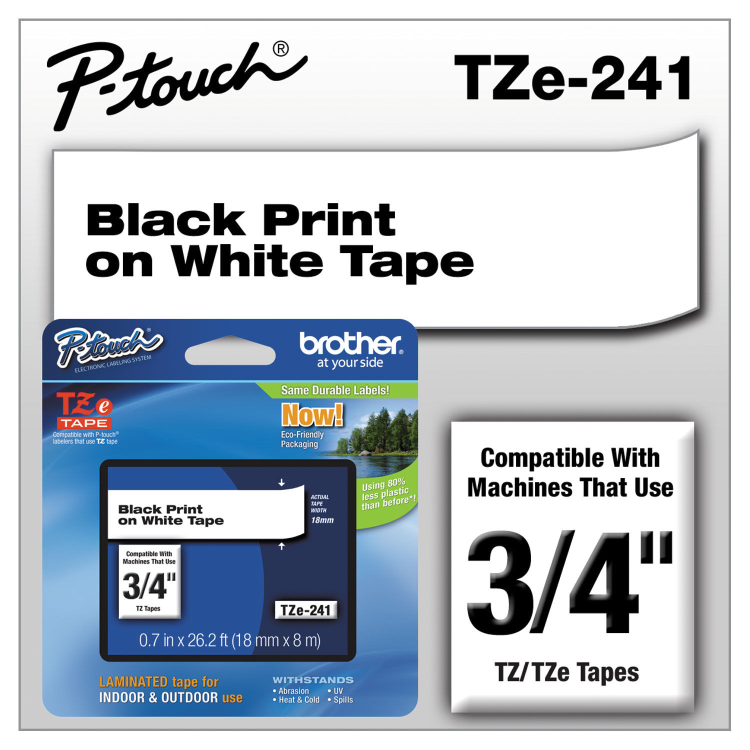 TZe Standard Adhesive Laminated Labeling Tape 0.7" x 26.2 ft, Black on White