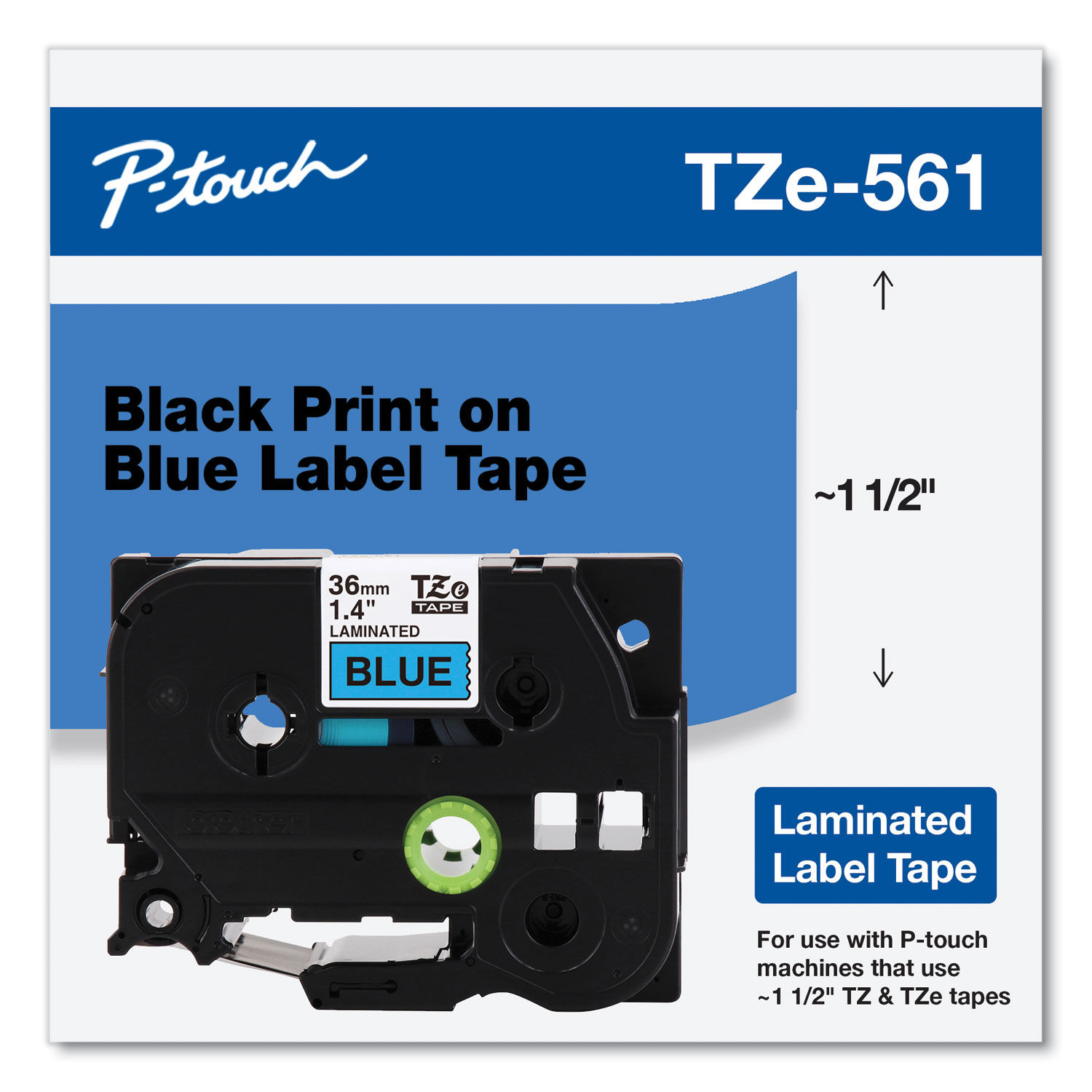 TZe Standard Adhesive Laminated Labeling Tape 1.4" x 26.2 ft, Black on Blue