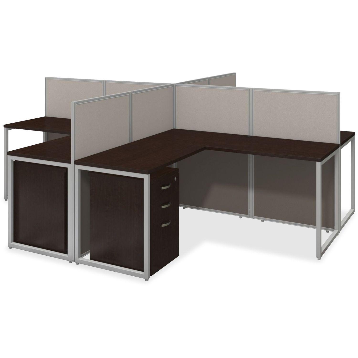 60W 4 Person L Desk Open Office with 3 Drawer Mobile Pedestals Mocha Cherry L-shaped Top, 3 Drawers x 119.09" Table Top Width x 119.09" Table Top Depth, 44.88" Height, Assembly Required