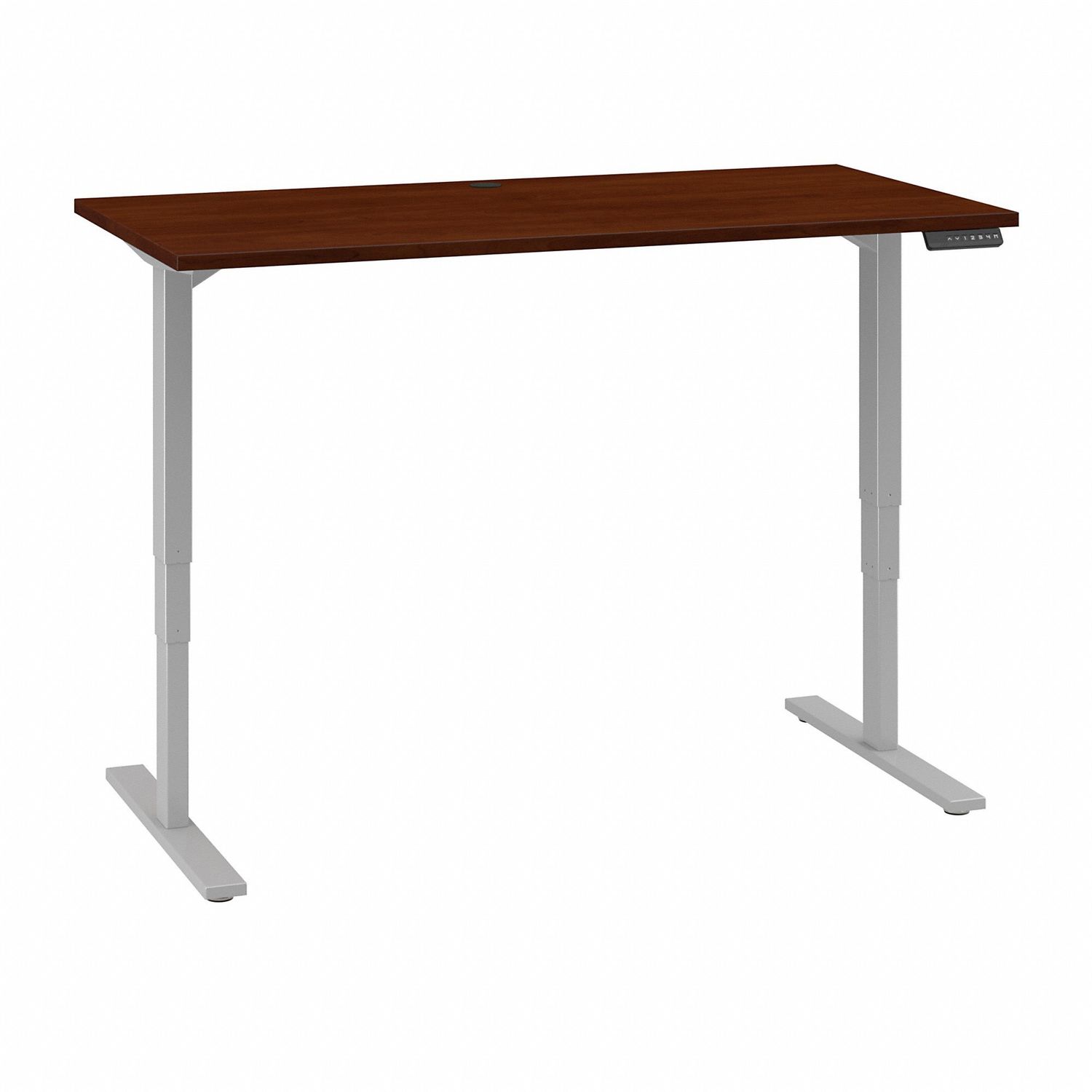 60W x 30D Height Adjustable Standing Desk Hansen Cherry Thermofused Laminate (TFL) Rectangle Top, Gray T-shaped Base, 2 Legs, 59.45" Table Top Width x 29.37" Table Top Depth, 49" Height
