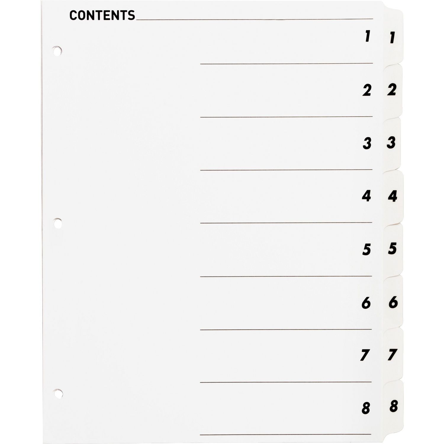 Table of Content Quick Index Dividers Printed Tab(s), Digit, 1-8, 8 Tab(s)/Set, 8.5" Divider Width x 11" Divider Length, 3 Hole Punched, White Divider, White Mylar Tab(s), 8 / Set