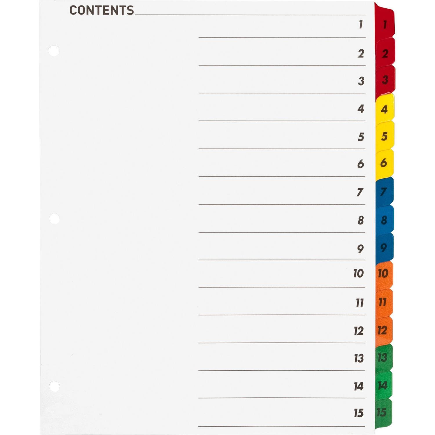 Table of Content Quick Index Dividers Printed Tab(s), Digit, 1-15, 15 Tab(s)/Set, 8.5" Divider Width x 11" Divider Length, 3 Hole Punched, Multicolor Divider, Multicolor Mylar Tab(s), 15 / Set