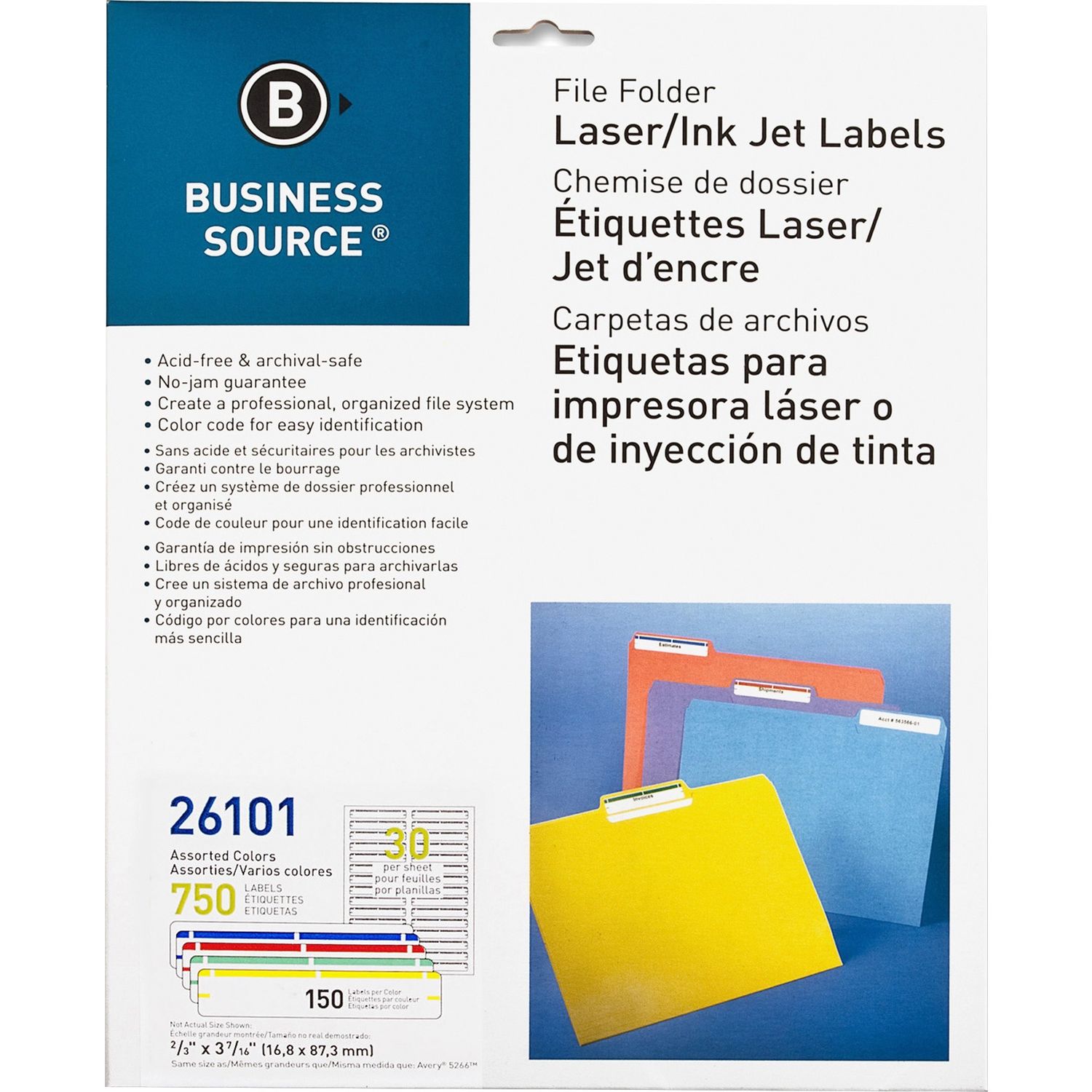 Laser/Inkjet File Folder Labels 21/32" x 3 7/16" Length, Permanent Adhesive, Rectangle, Laser, Inkjet, Assorted, 30 / Sheet, 750 / Pack