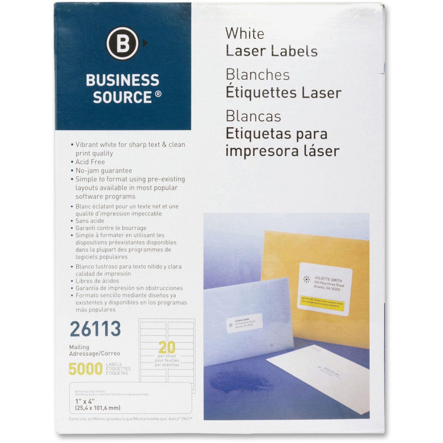 Bright White Premium-quality Address Labels 1" x 4" Length, Permanent Adhesive, Rectangle, Laser, Inkjet, White, 20 / Sheet, 250 Total Sheets, 5000 / Pack