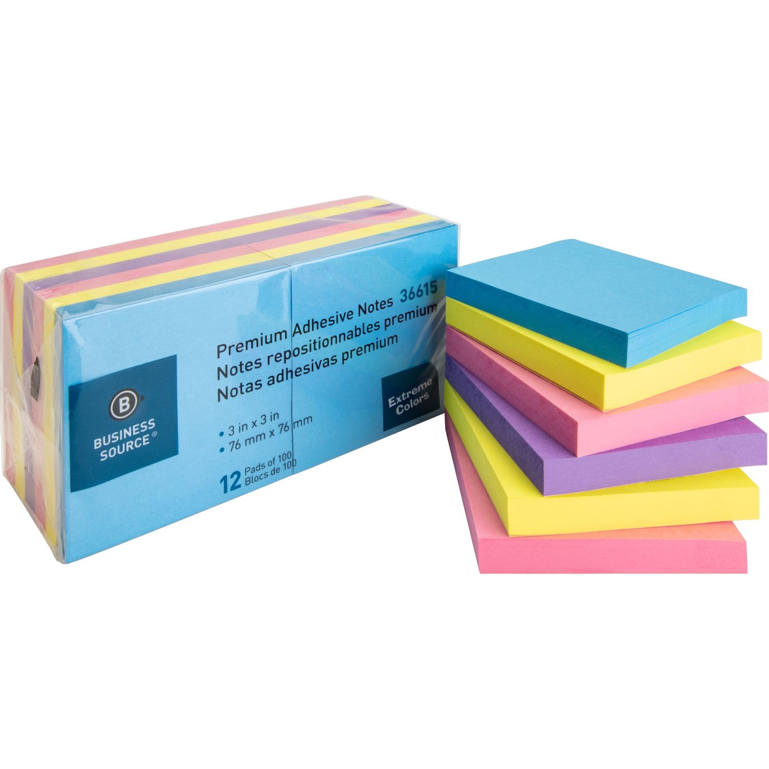 3x3 Extreme Colors Adhesive Notes 100, 3" x 3", Square, Assorted, Repositionable, Solvent-free Adhesive, 12 / Pack
