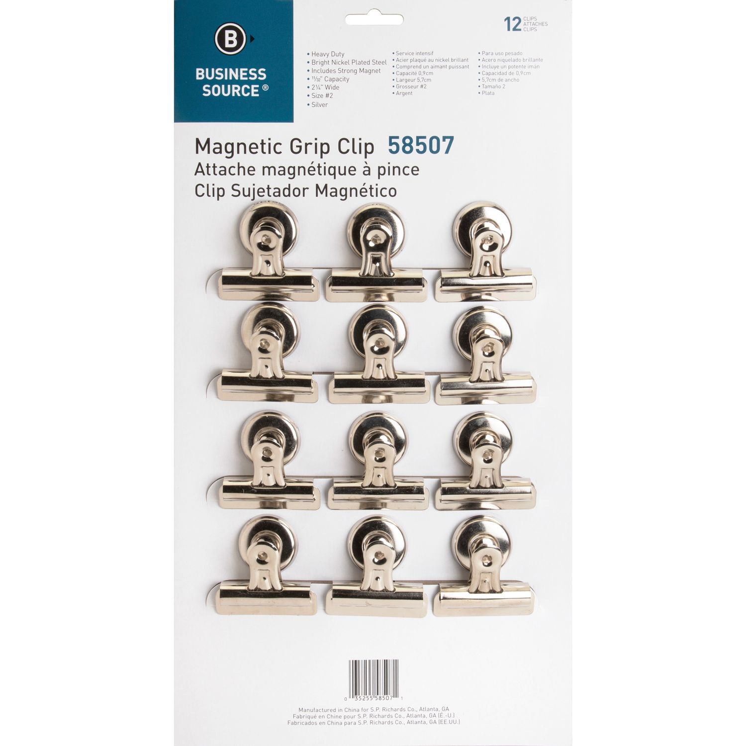 Magnetic Grip Clips Pack No. 2, 2.3" Width, for Paper, Magnetic, Heavy Duty, 12 / Box, Silver, Nickel Plated Steel
