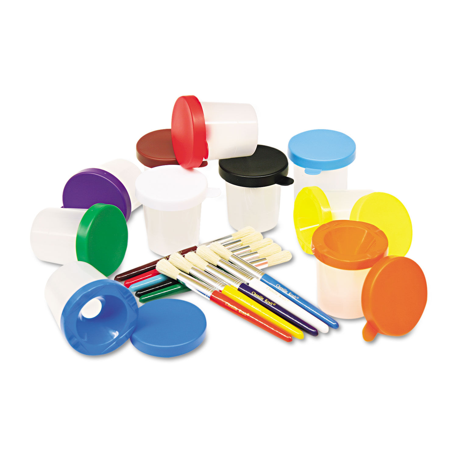 No-Spill Cups and Coordinating Brushes Assorted Color Lids/Clear Cups, 10/Set