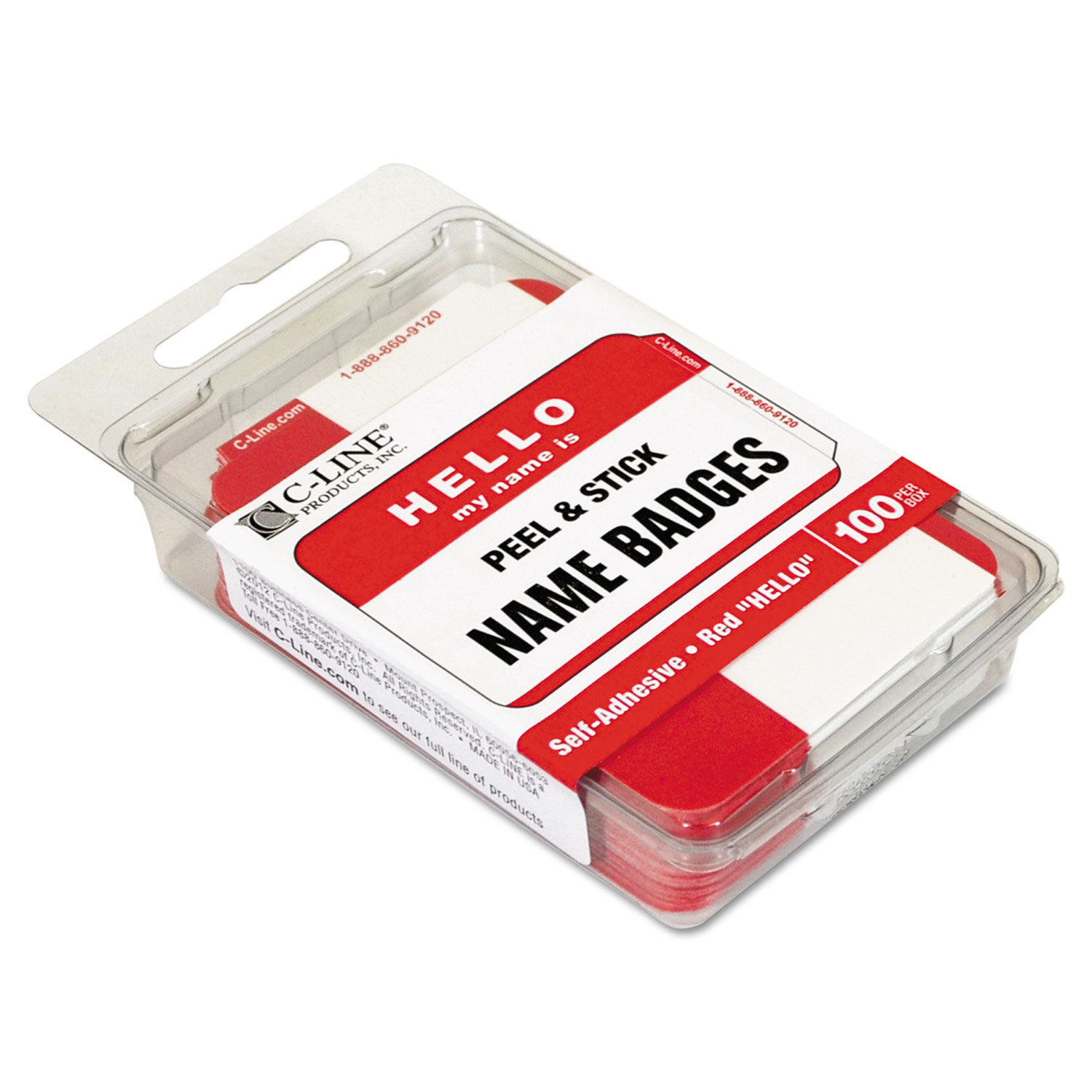 SELF-ADHESIVE NAME BADGES HELLO MY NAME IS, RED, 3.5 X 2.25, 100/BX