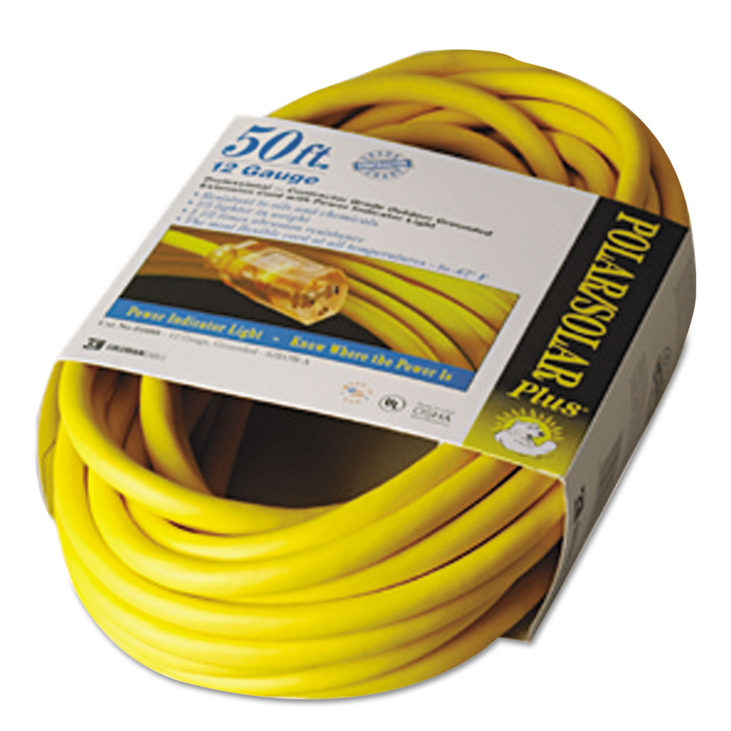 Polar/Solar Indoor-Outdoor Extension Cord With Lighted End 50ft, Yellow