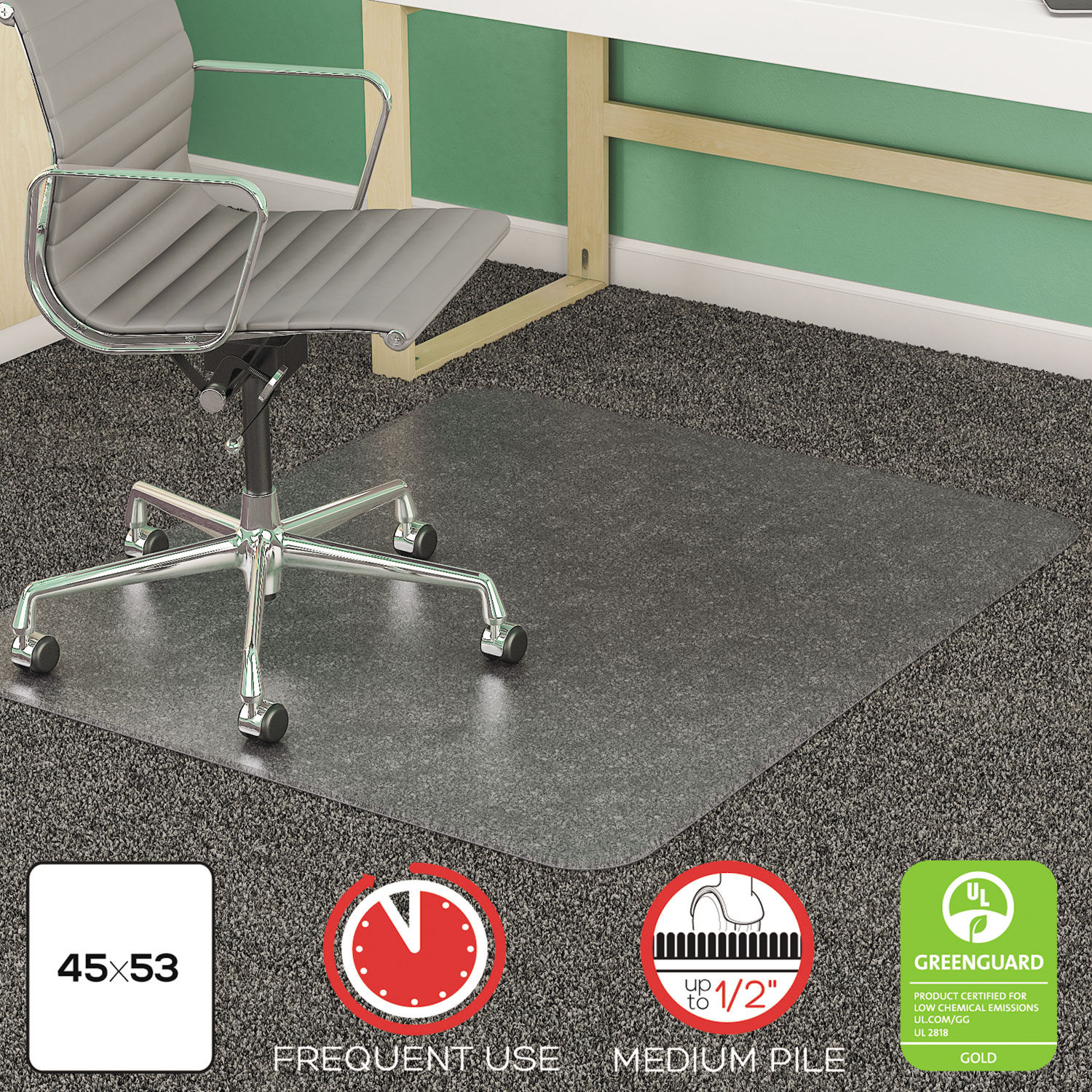 SuperMat Frequent Use Chair Mat Med Pile Carpet, 45 x 53, Beveled Rectangle, Clear