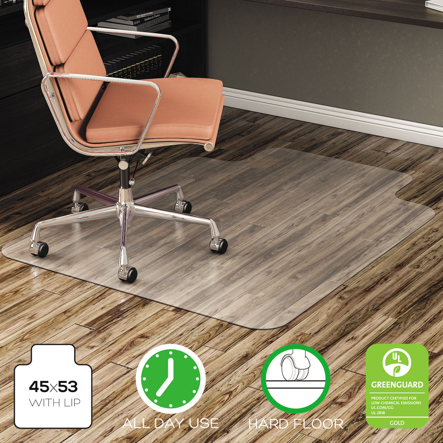 EconoMat All Day Use Chair Mat for Hard Floors Flat Packed, 45 x 53, Wide Lipped, Clear