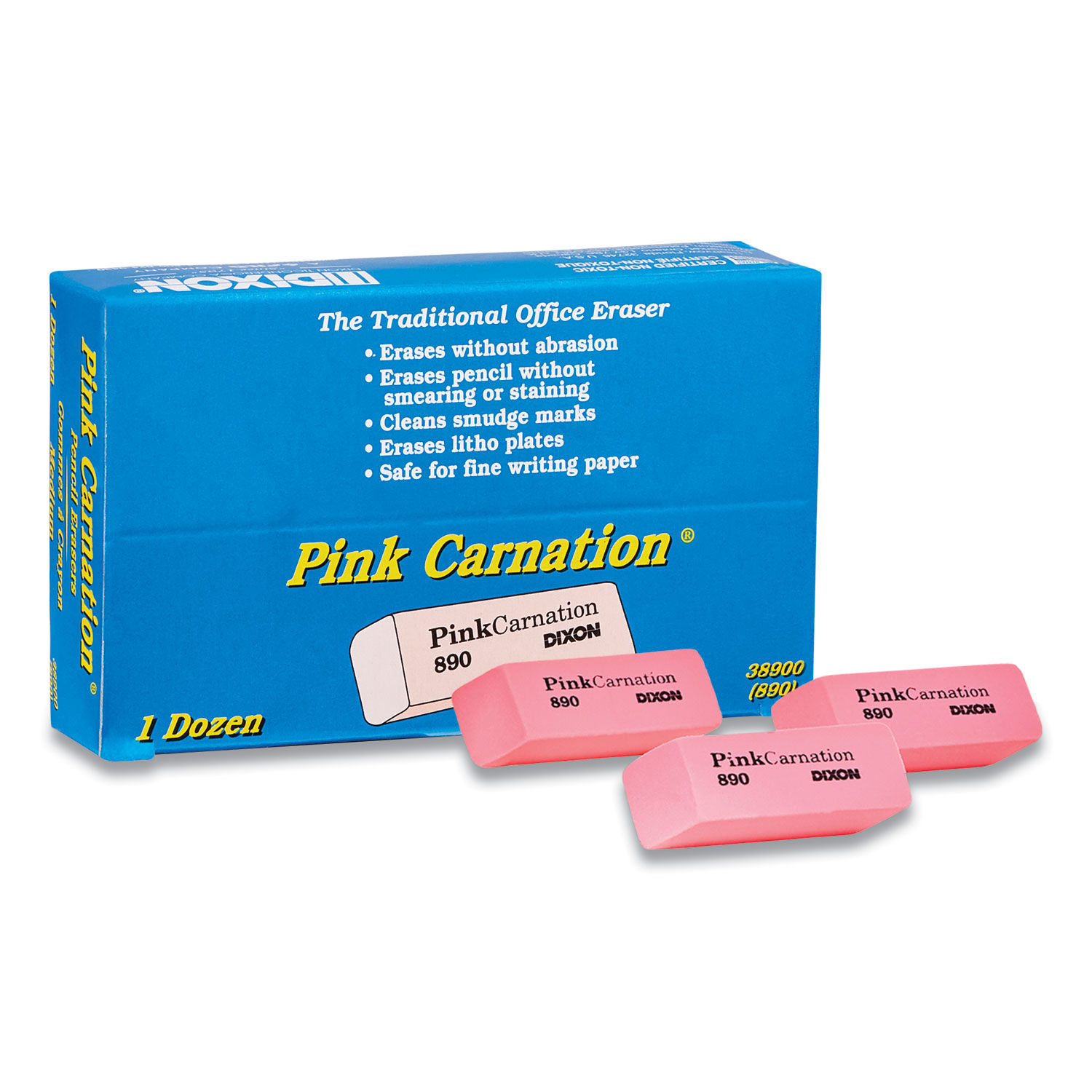 Pink Carnation Erasers For Pencil Marks, Rectangular Block, Medium, Pink, Dozen