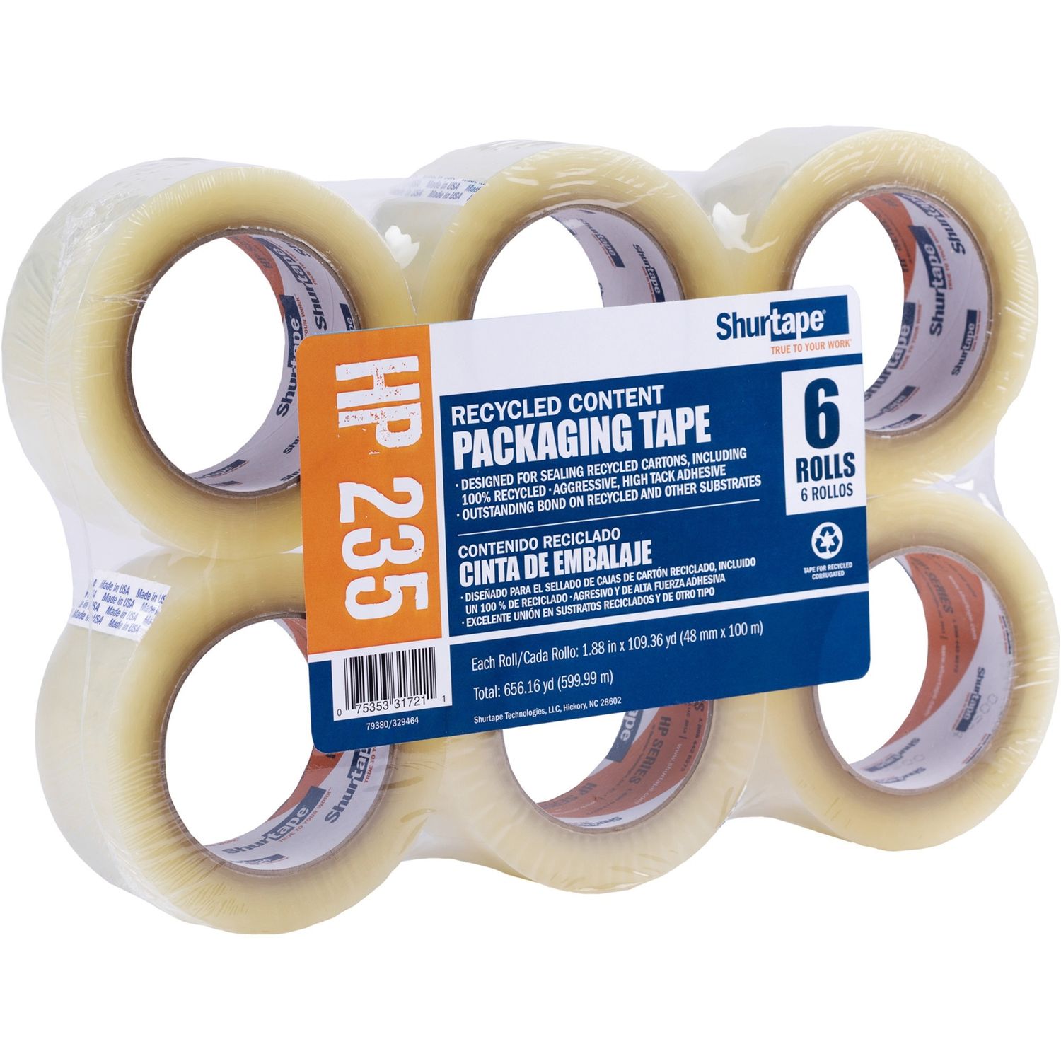HP 235 Hot Melt Packaging Tape 109.36 yd Length x 1.89" Width, 6 / Pack, Clear