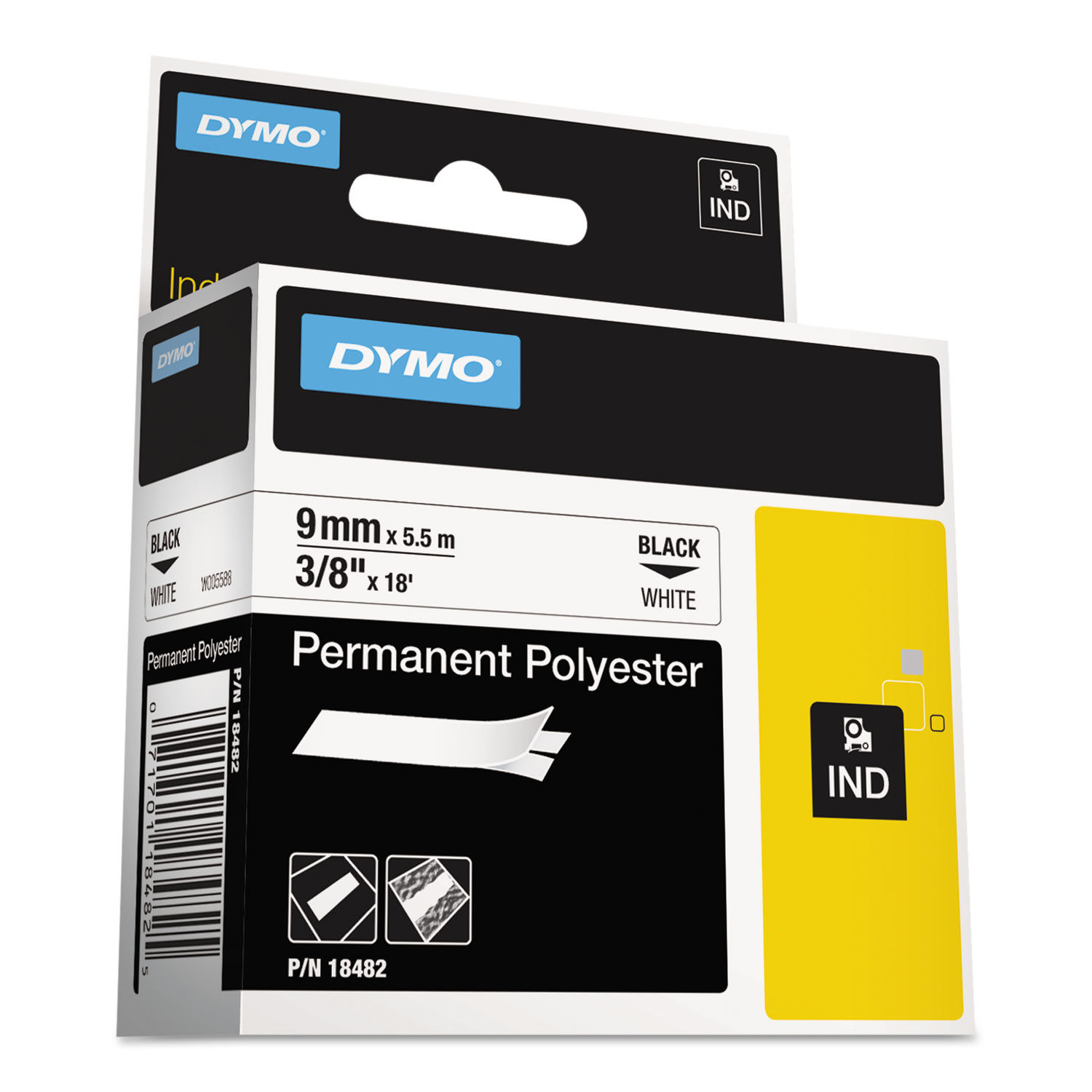 Rhino Permanent Poly Industrial Label Tape 0.37" x 18 ft, White/Black Print
