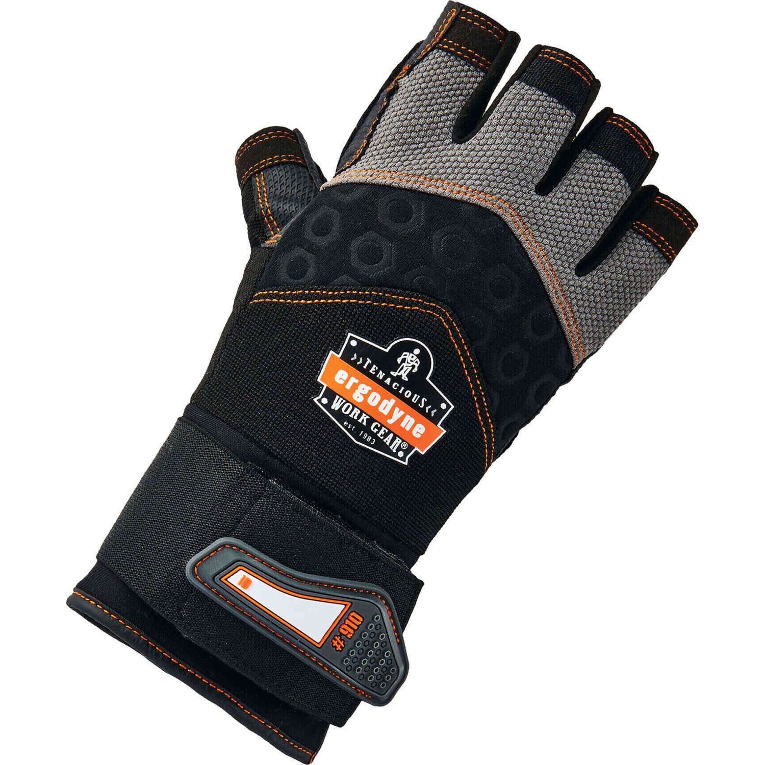 910 Half-Finger Impact Gloves + Wrist Support Extra Large Size, Neoprene Knuckle Pad, Spandex, Black
