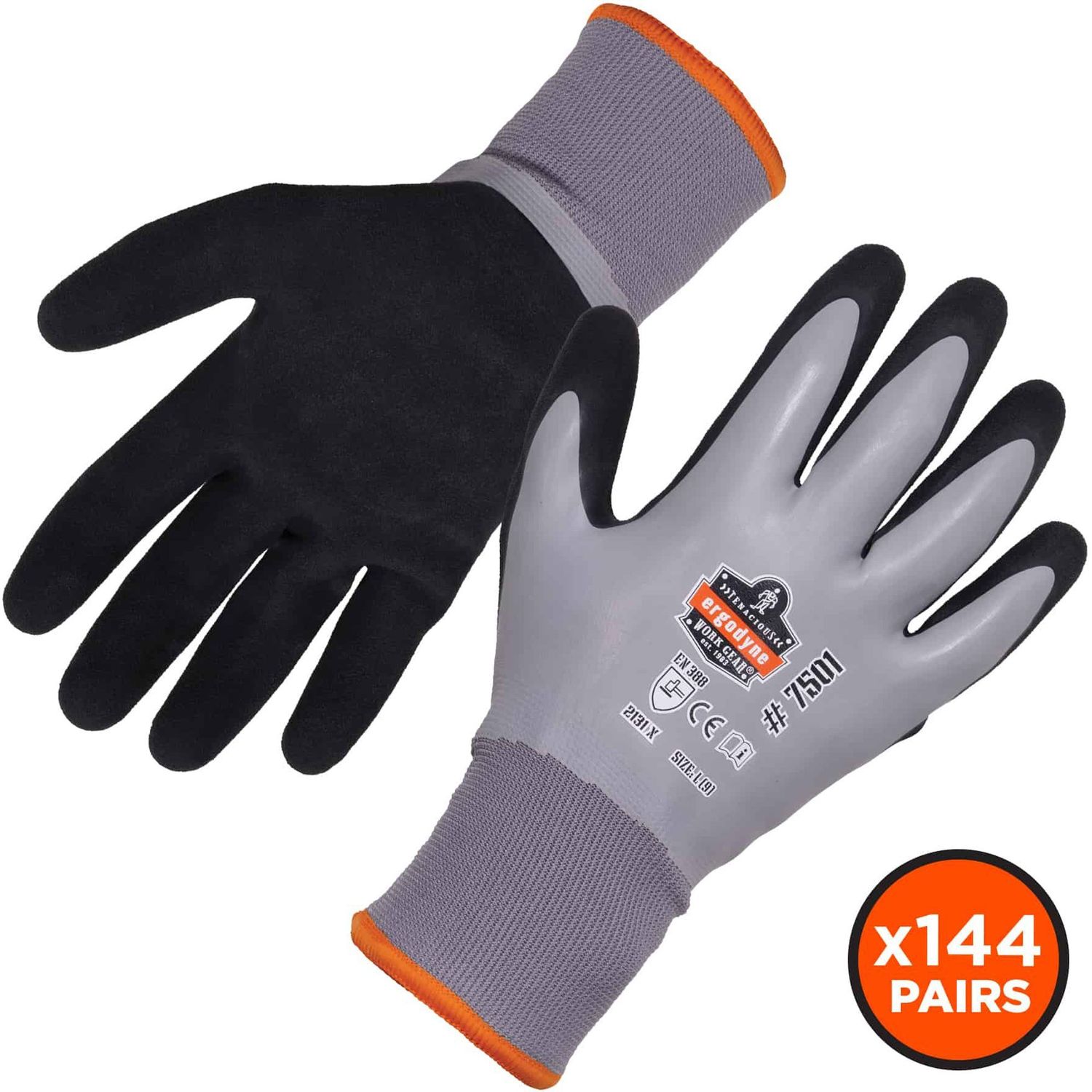 7501-CASE Coated Waterproof Winter Work Gloves Thermal Protection, Nitrile, Latex Coating, Large Size, Polyester Liner, Acrylic Fleece Liner, Gray