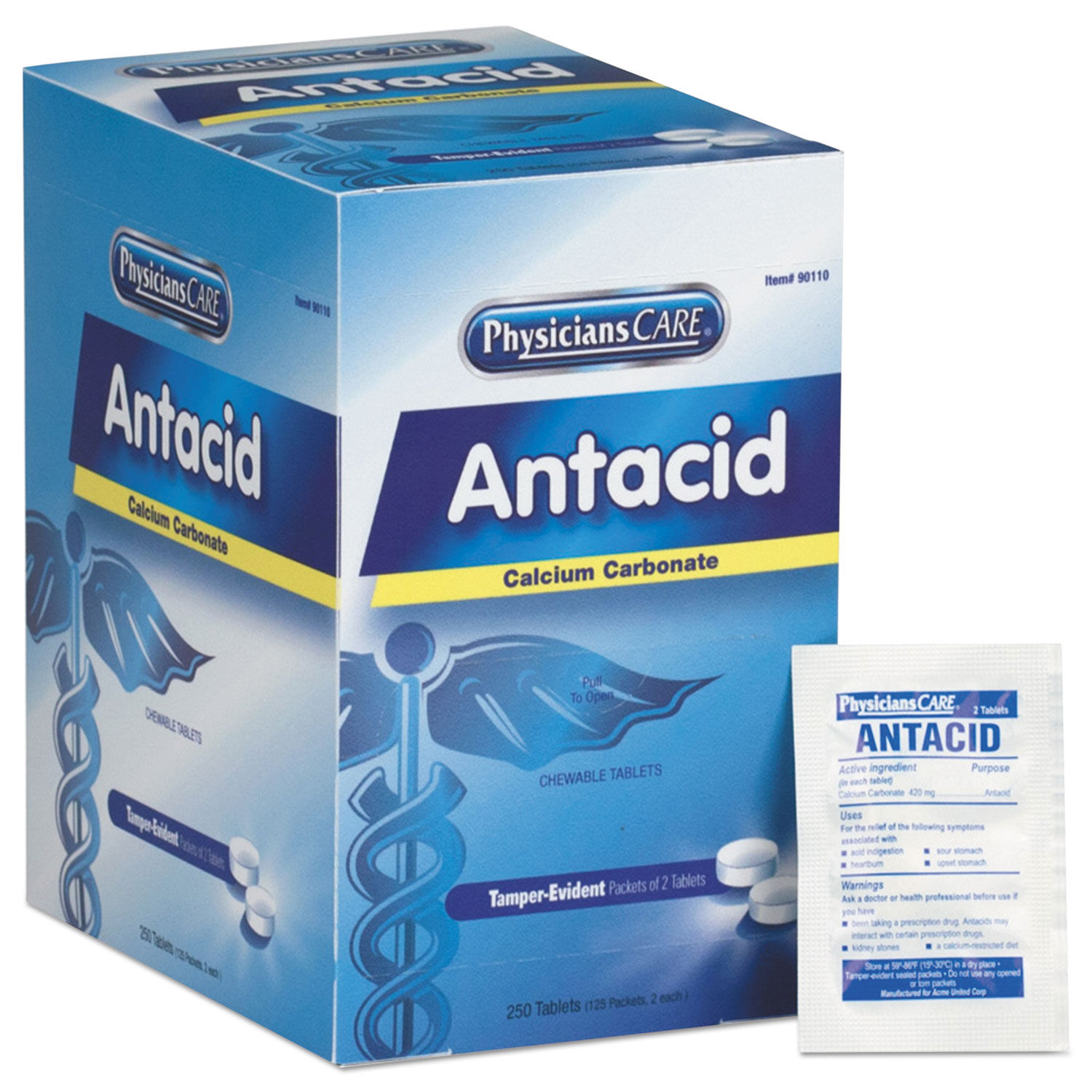 Over the Counter Antacid Medications for First Aid Cabinet 2 Tablets/Packet, 125 Packets/Box