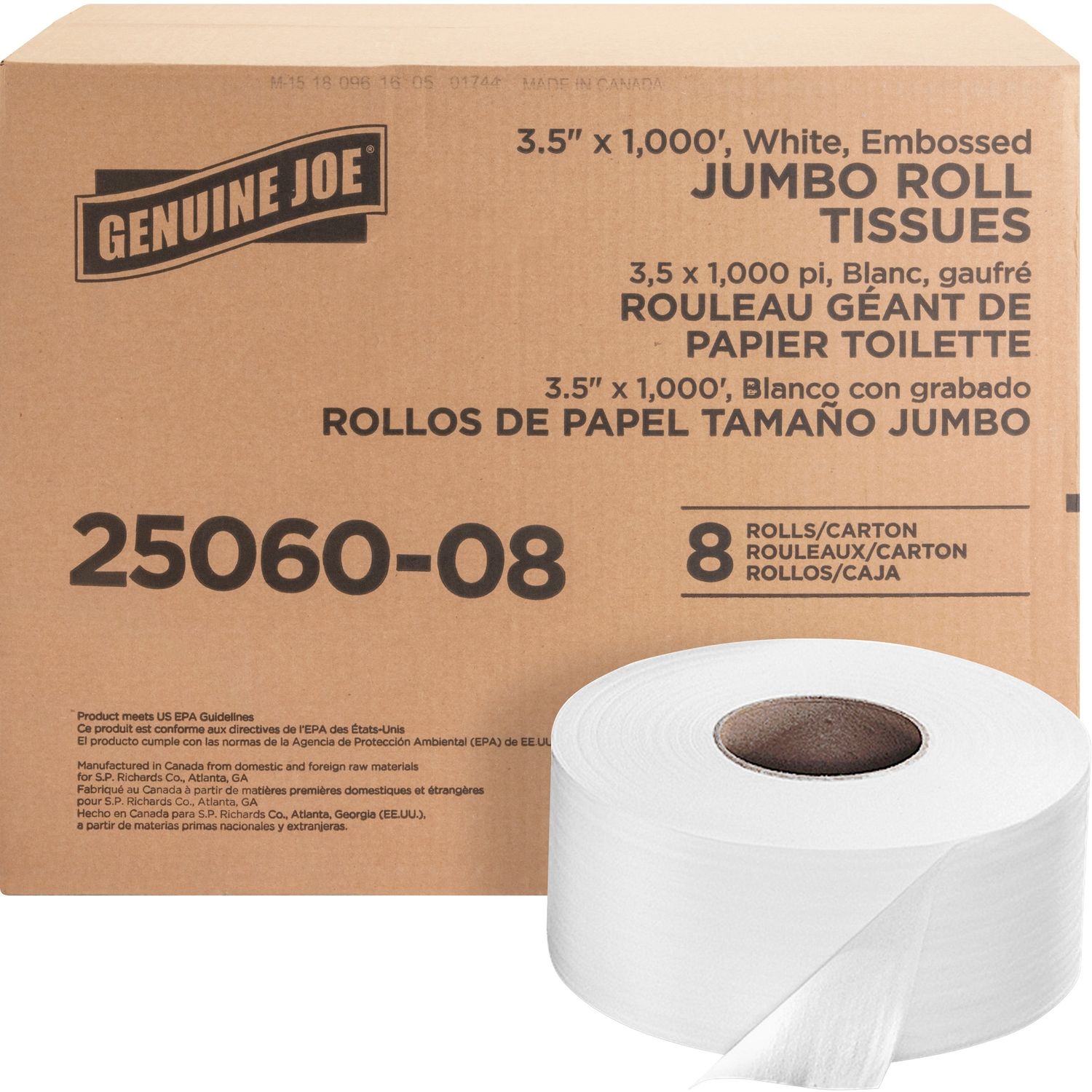 Jumbo Dispenser Roll Bath Tissue 2 Ply, 3.50" x 1000 ft, 9" Roll Diameter, White, Nonperforated, Fragrance-free, Embossed, Unscented, For Restroom, Washroom, Toilet, 8 / Carton