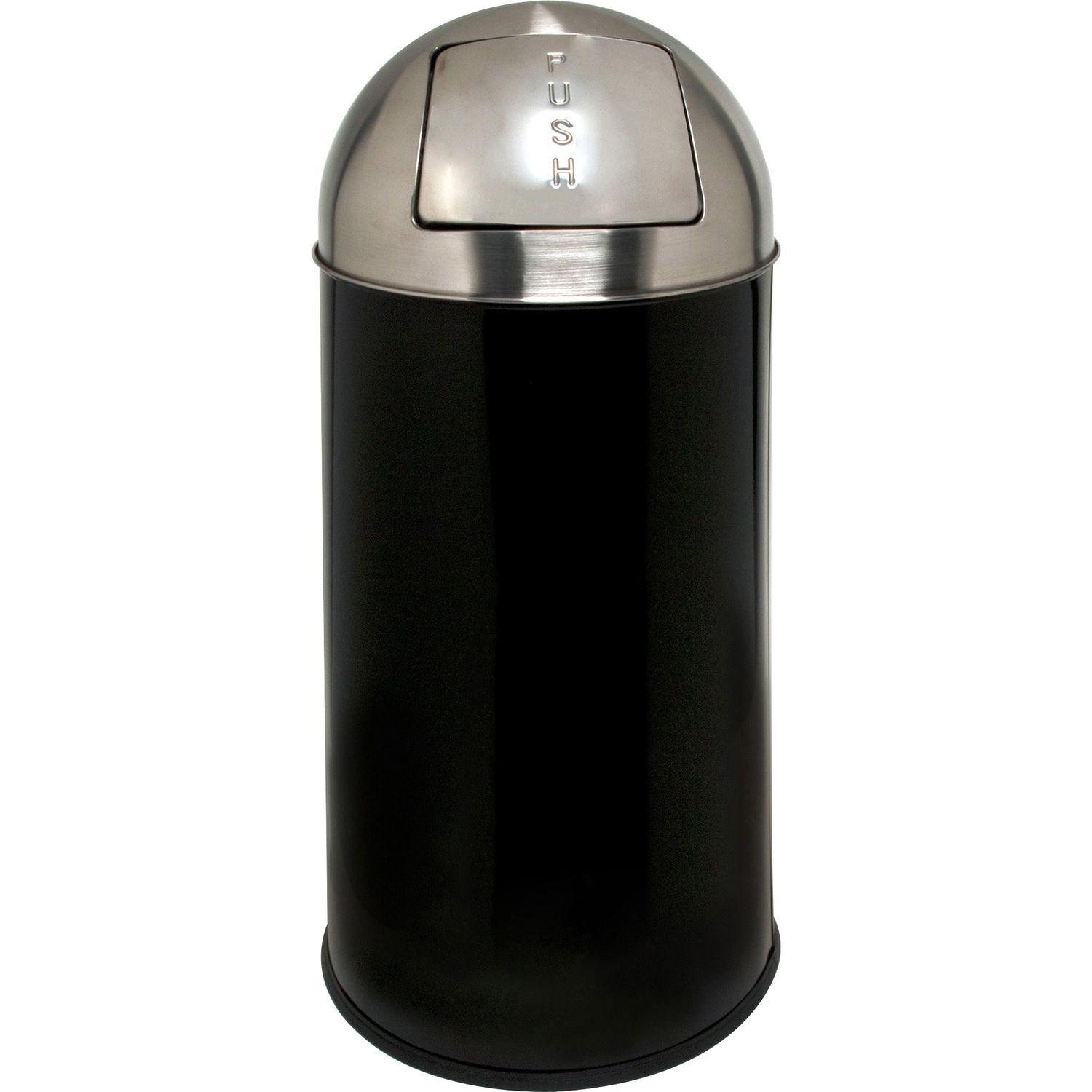 Push Open Round Top Receptacle 12 gal Capacity, Round, 29.2" Height x 14.8" Diameter, Black, Silver, 1 Each