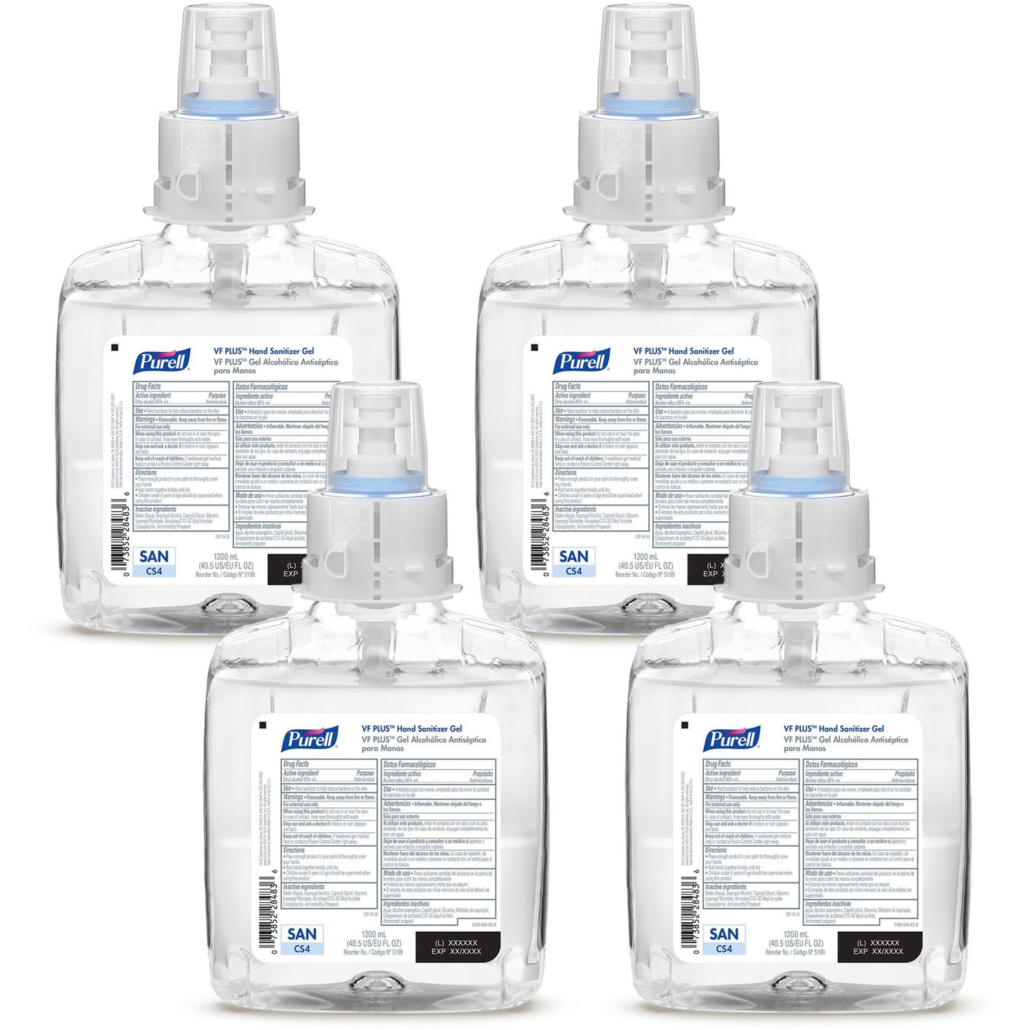 VF PLUS Hand Sanitizer Gel Refill 40.6 fl oz (1200 mL), Kill Germs, Bacteria Remover, Hand, Restaurant, Cruise Ship, Quick Drying, Fragrance-free, Dye-free, Hygienic, 4 / Carton