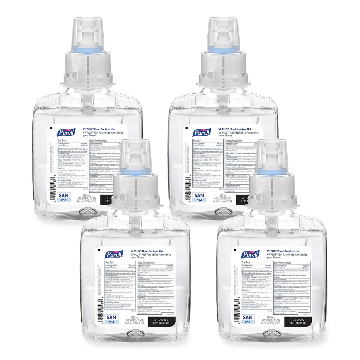 VF PLUS Gel Hand Sanitizer 1,200 mL Refill Bottle, Fragrance-Free, For CS4 Dispensers, 4/Carton