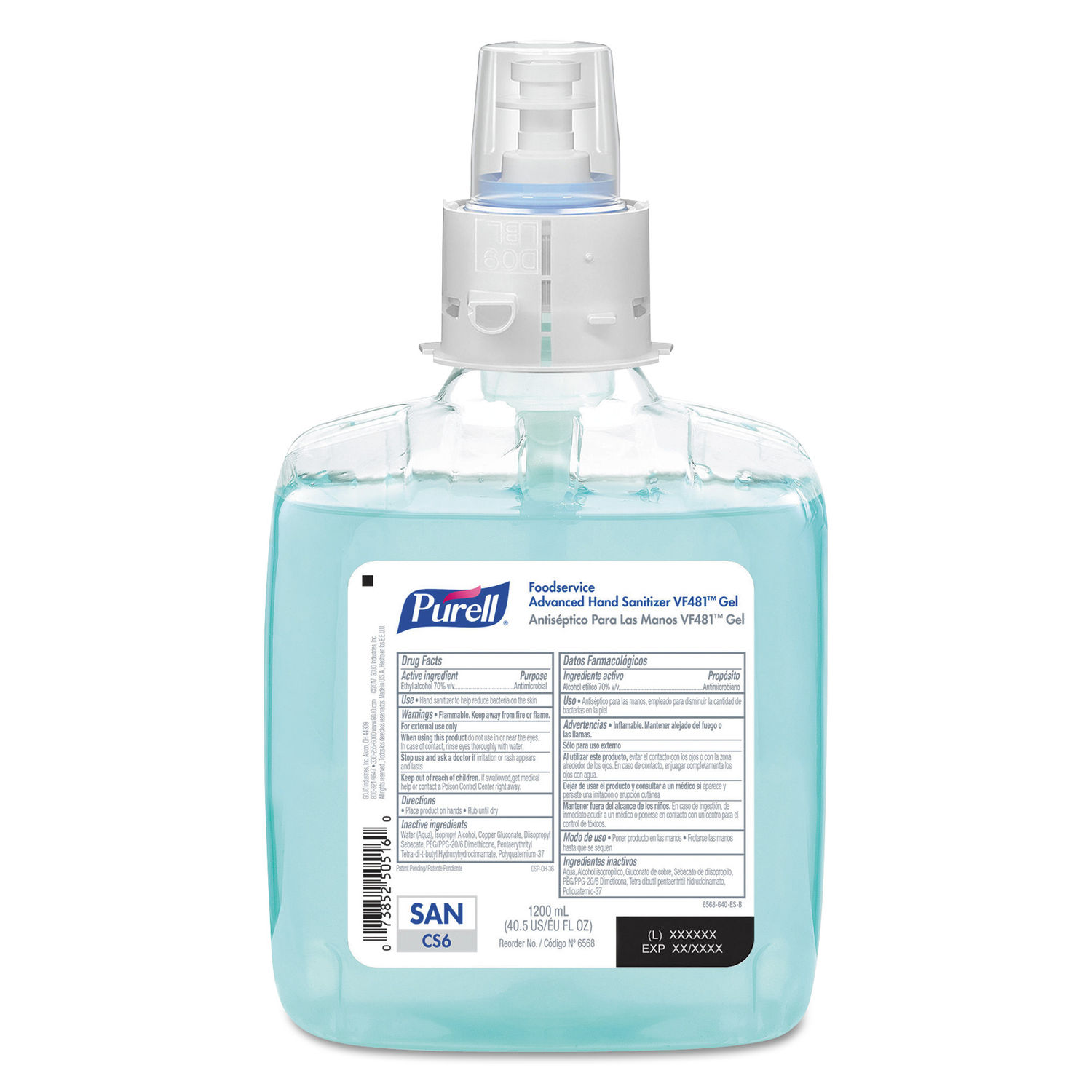 Foodservice Advanced VF481 Gel Hand Sanitizer 1200 mL, For CS6 Dispensers, 2/Carton
