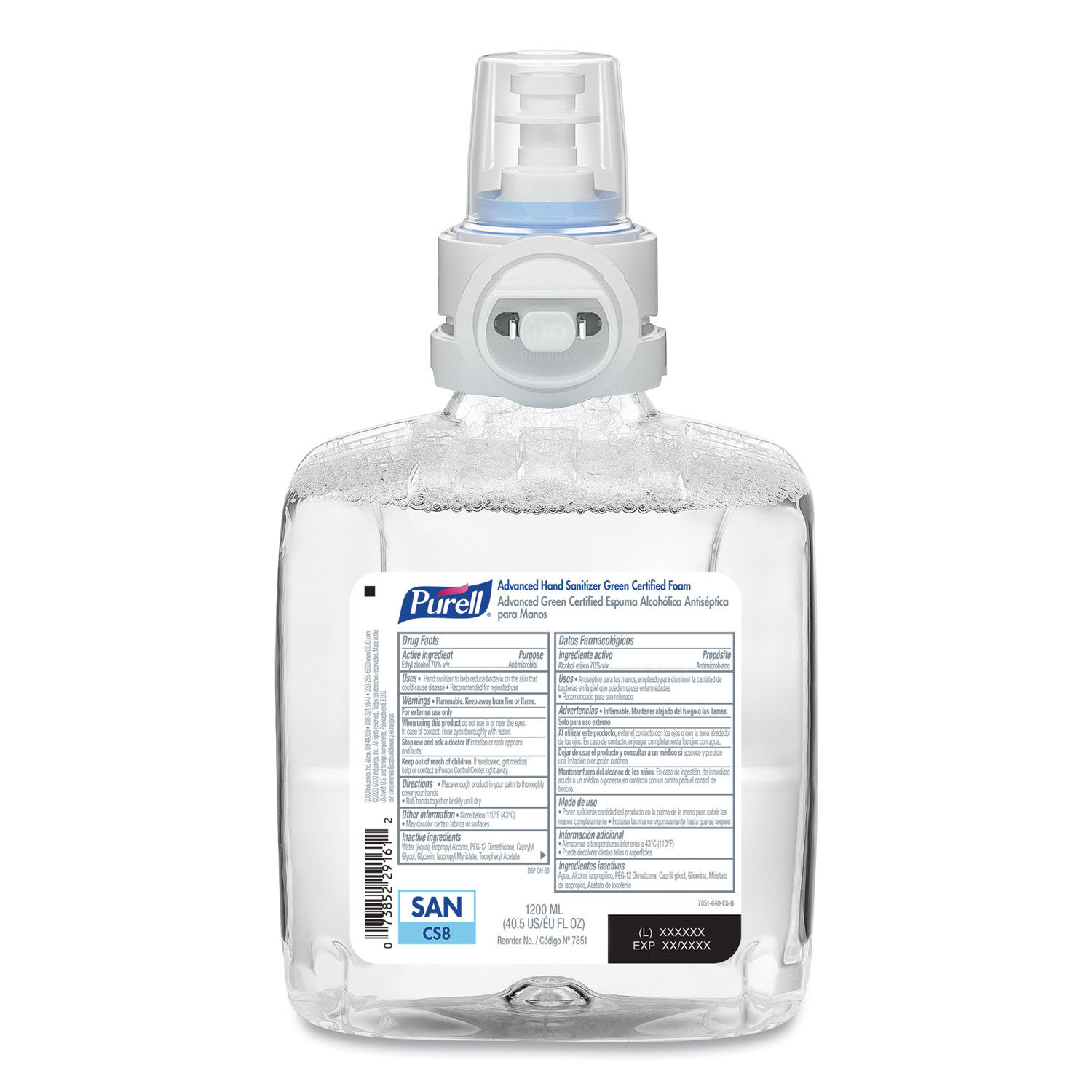 Advanced Hand Sanitizer Green Certified Foam Refill For CS8 Dispensers, 1,200 mL, Fragrance-Free, 2/Carton
