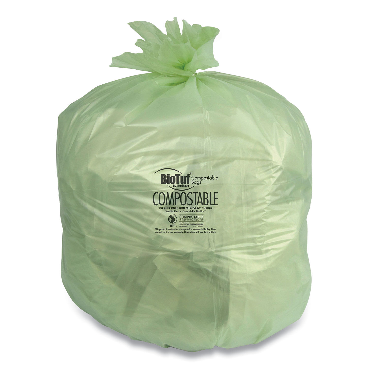 Biotuf Compostable Can Liners 48 gal, 0.8 mil, 42" x 48", Green, 125/Cartom