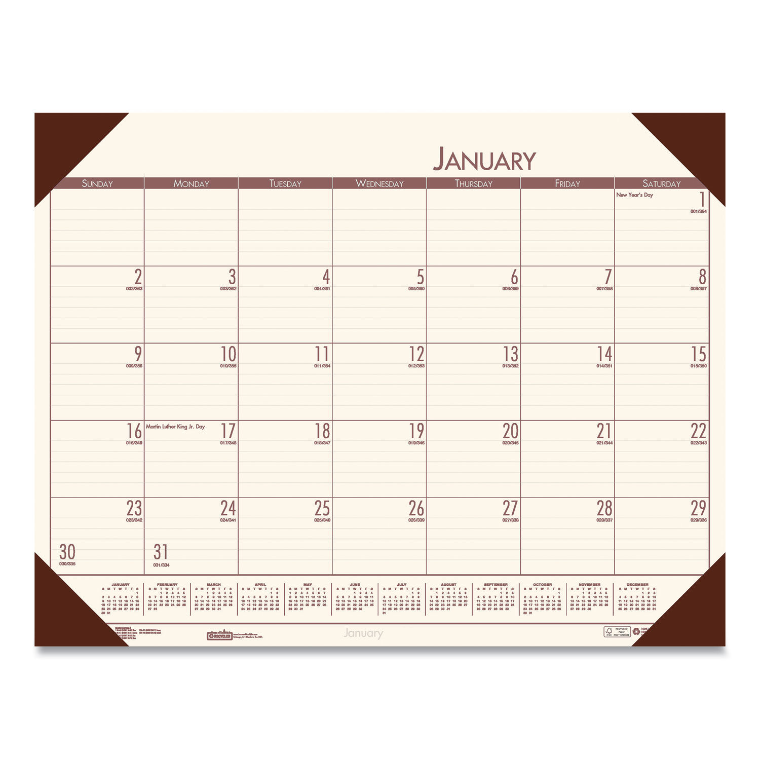 EcoTones Recycled Monthly Desk Pad Calendar 22 x 17, Moonlight Cream Sheets, Brown Corners, 12-Month (Jan to Dec): 2024