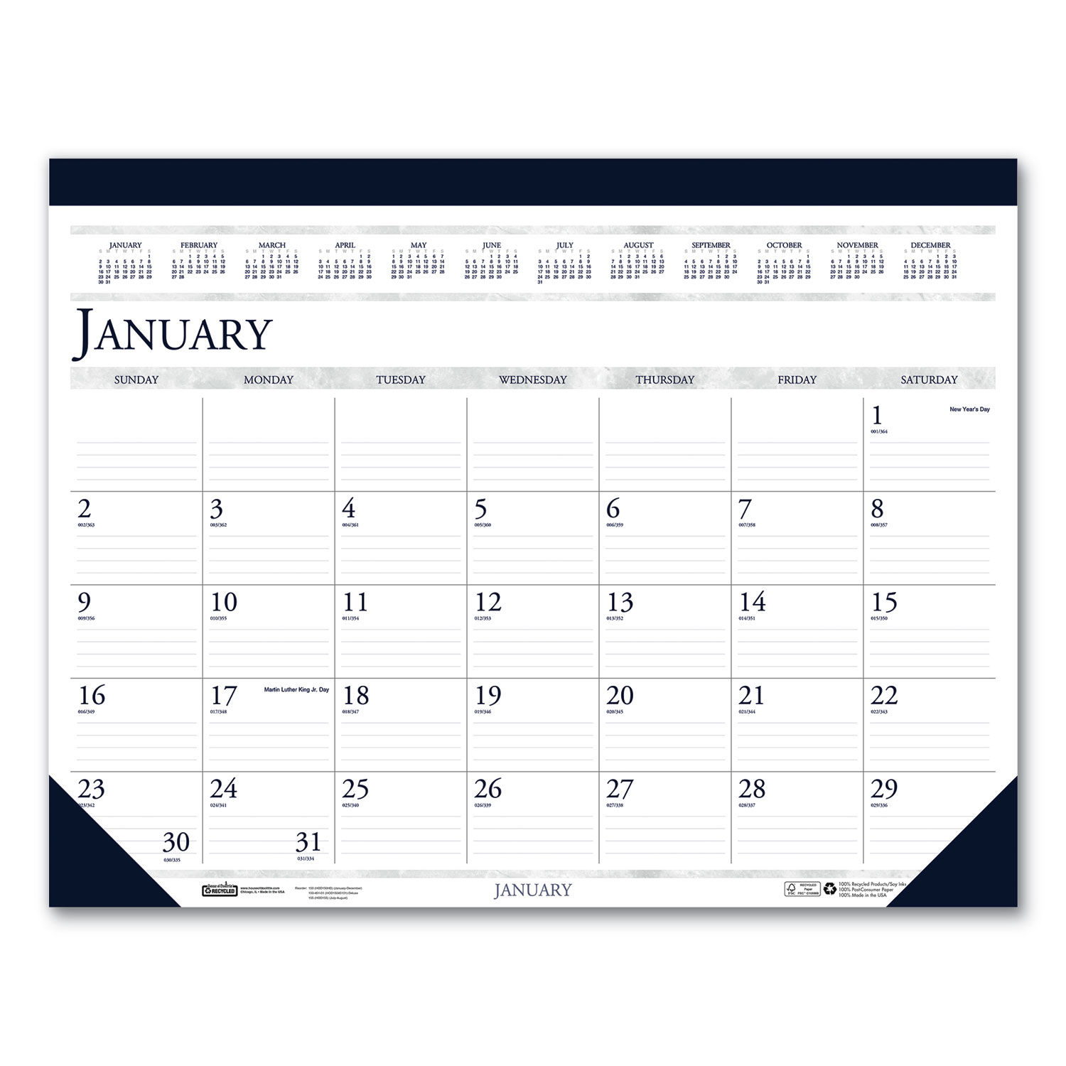 Recycled Two-Color Perforated Monthly Desk Pad Calendar 22 x 17, Blue Binding/Corners, 12-Month (Jan-Dec): 2024