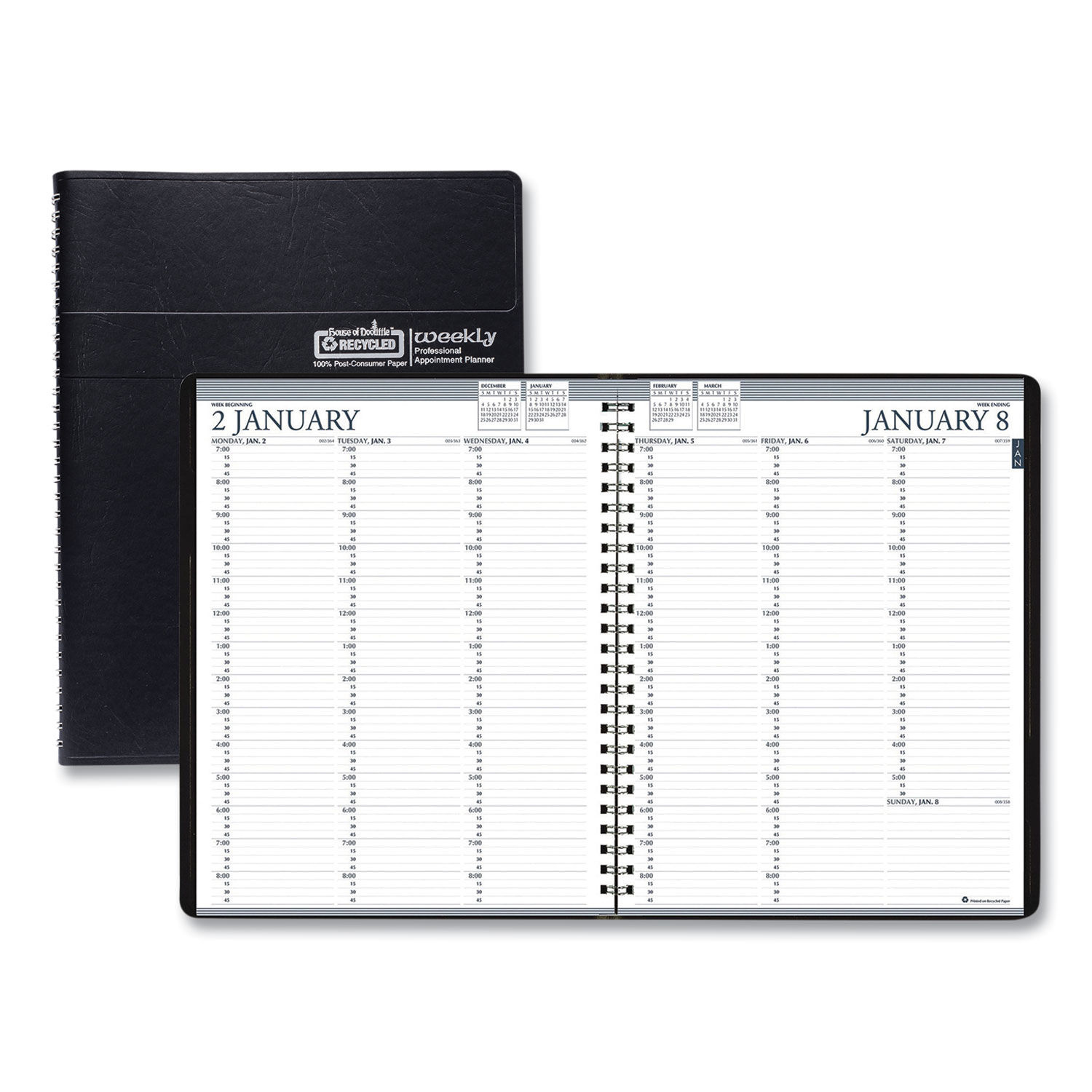Recycled Professional Weekly Planner 15-Minute Appts, 11 x 8.5, Black Wirebound Soft Cover, 12-Month (Jan to Dec): 2024