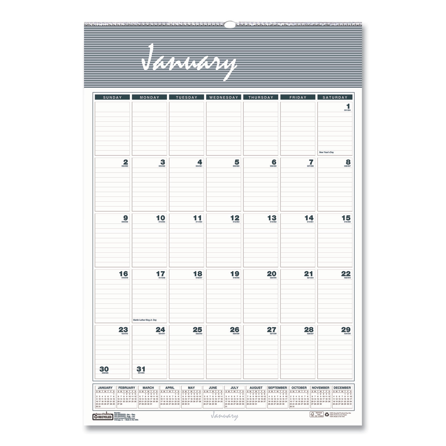 Bar Harbor Recycled Wirebound Monthly Wall Calendar 8.5 x 11, White/Blue/Gray Sheets, 12-Month (Jan-Dec): 2024