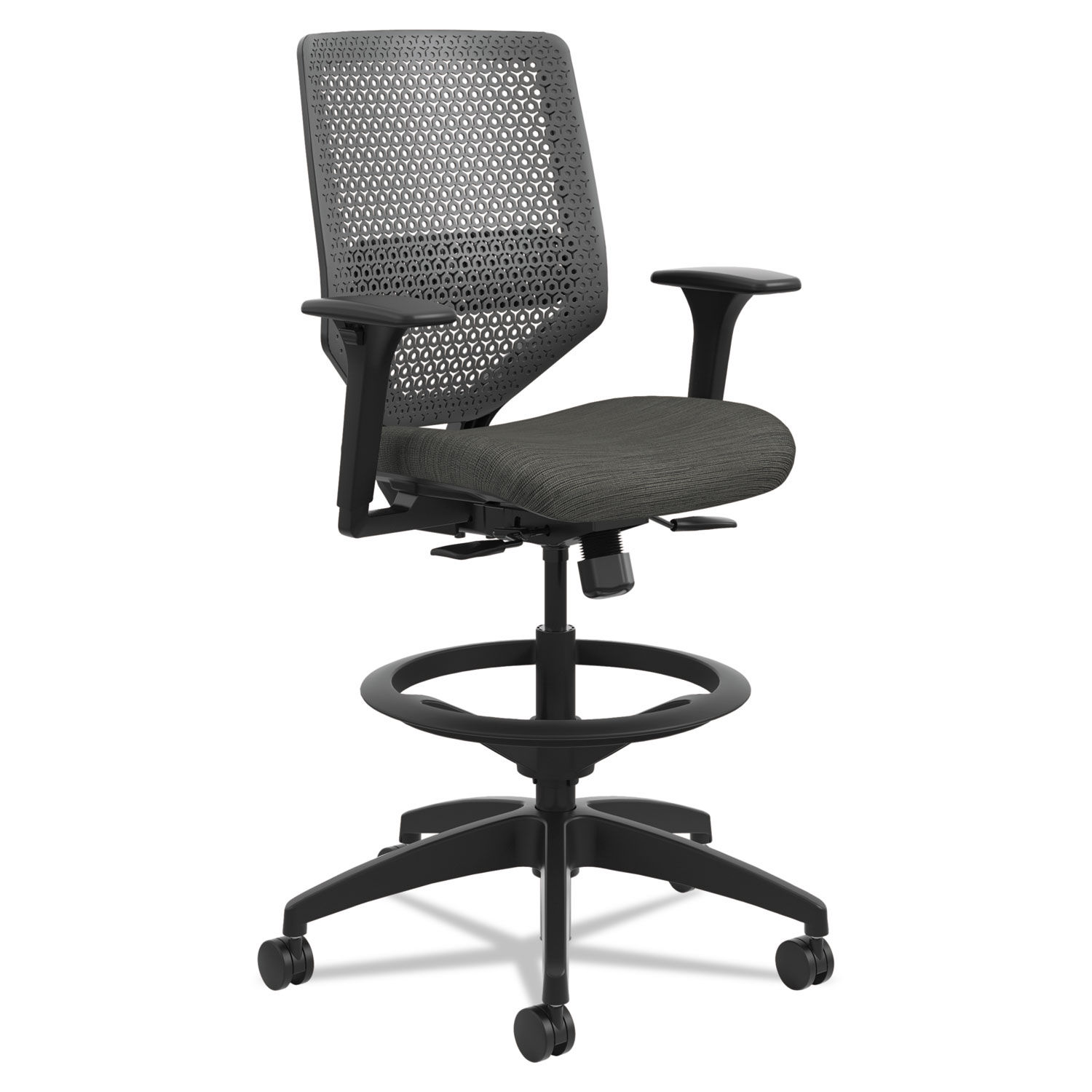 Solve Series ReActiv Back Task Stool Supports Up to 300 lb, 23" to 33" Seat Height, Ink Seat, Charcoal Back, Black Base