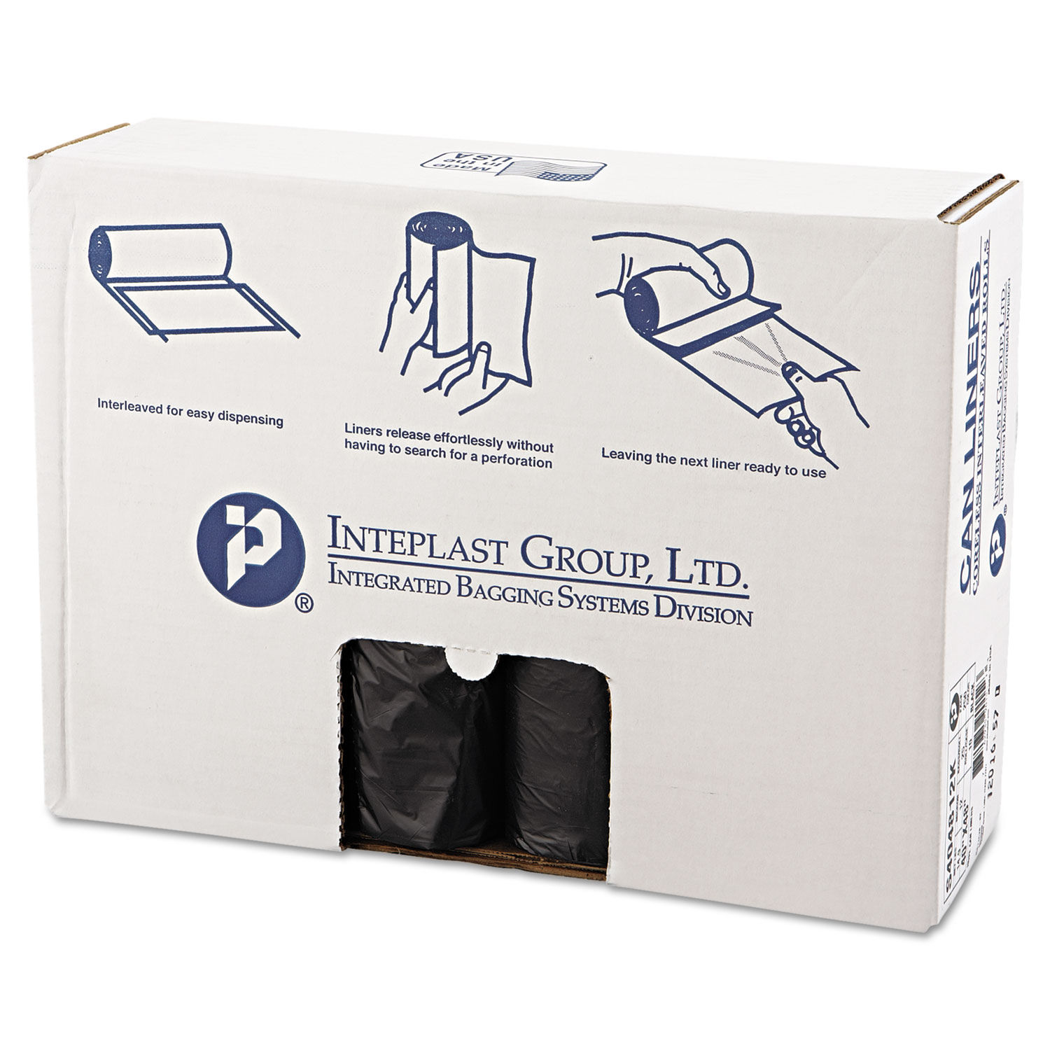 High-Density Interleaved Commercial Can Liners 45 gal, 12 microns, 40" x 48", Black, 25 Bags/Roll, 10 Rolls/Carton