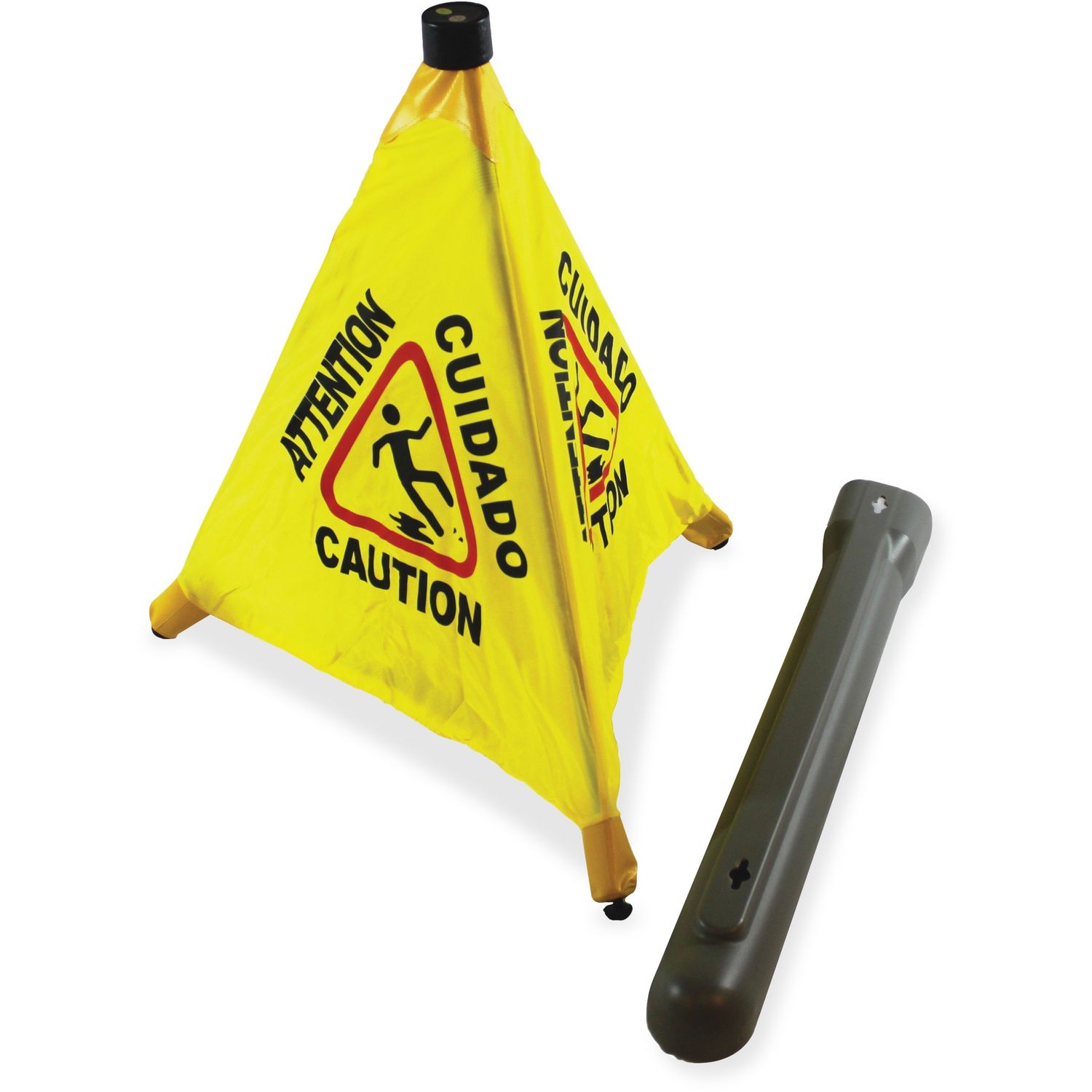 20" Pop Up Safety Cone 48 / Carton, Caution, Cuidado, Attention Print/Message, 18" Width, Cone Shape, Plastic, Yellow, Black