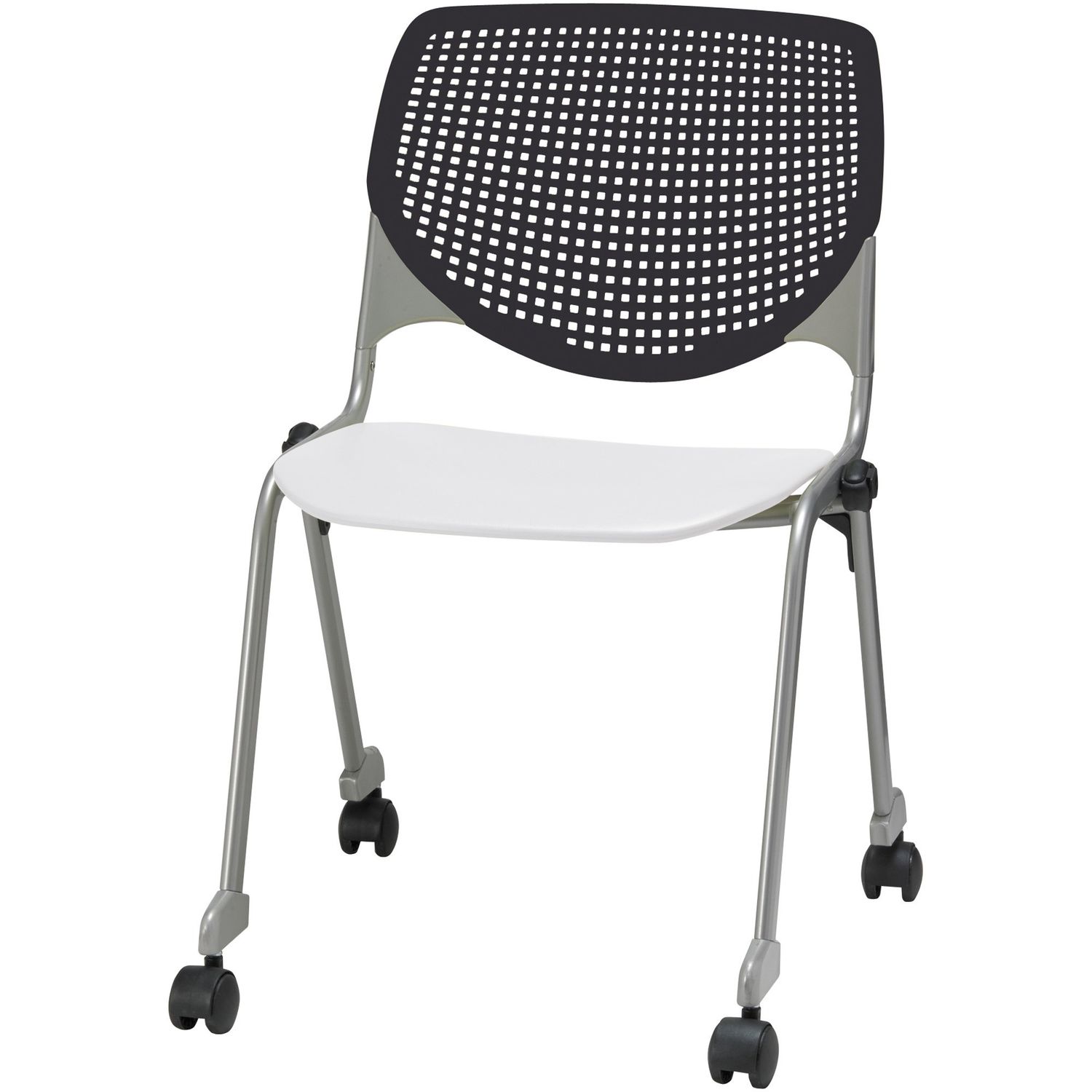 Kool Caster Chair-Perforated Back White Polypropylene Seat, Black Polypropylene, Aluminum Alloy Back, Powder Coated Silver Tubular Steel Frame, 1 Each