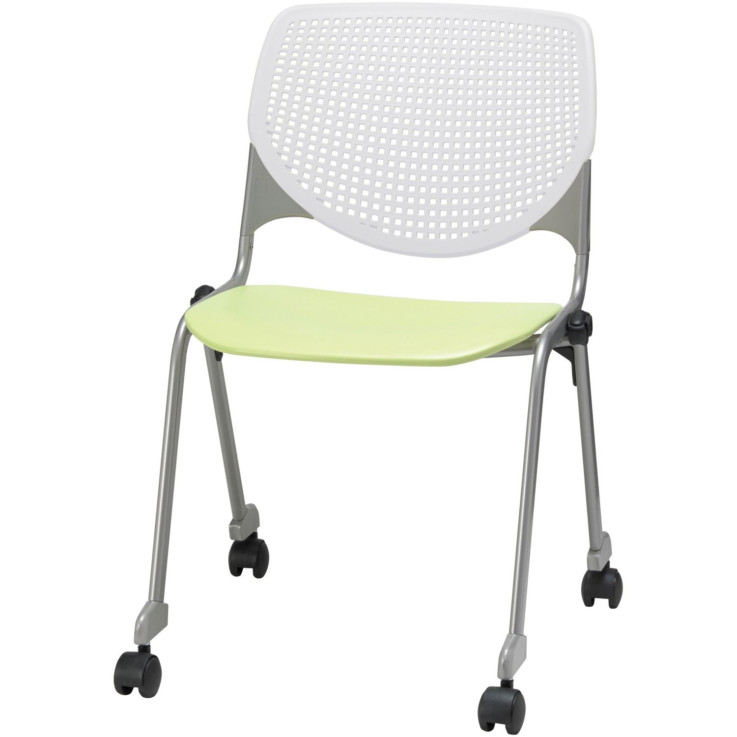 Kool Caster Chair-Perforated Back Lime Green Polypropylene Seat, White Polypropylene, Aluminum Alloy Back, Powder Coated Silver Tubular Steel Frame, 1 Each